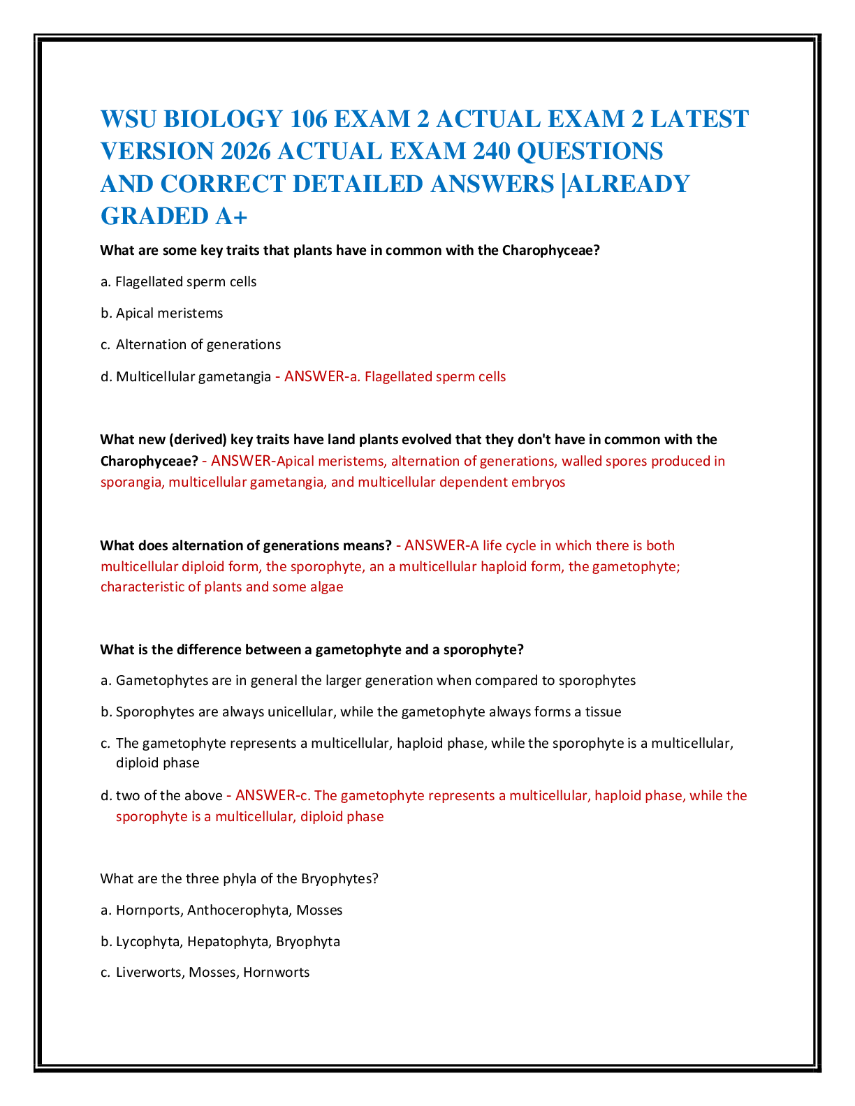 Recommended document preview for WSU BIOLOGY 106 EXAM 2 ACTUAL EXAM 2 LATEST   VERSION 2026 ACTUAL EXAM 240 QUESTIONS   AND CORRECT DETAILED ANSWERS |ALREADY  GRADED A+