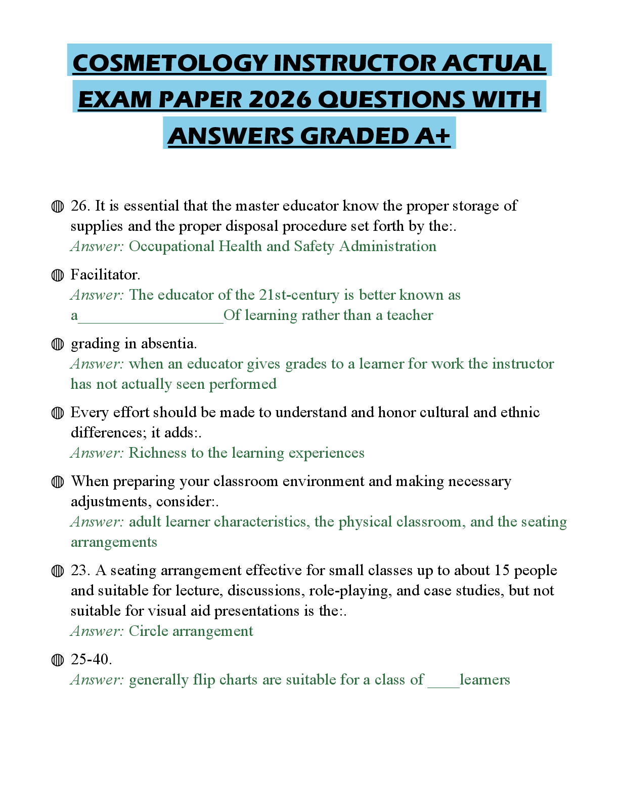 COSMETOLOGY INSTRUCTOR ACTUAL EXAM PAPER 2026 QUESTIONS WITH ANSWERS GRADED A+
