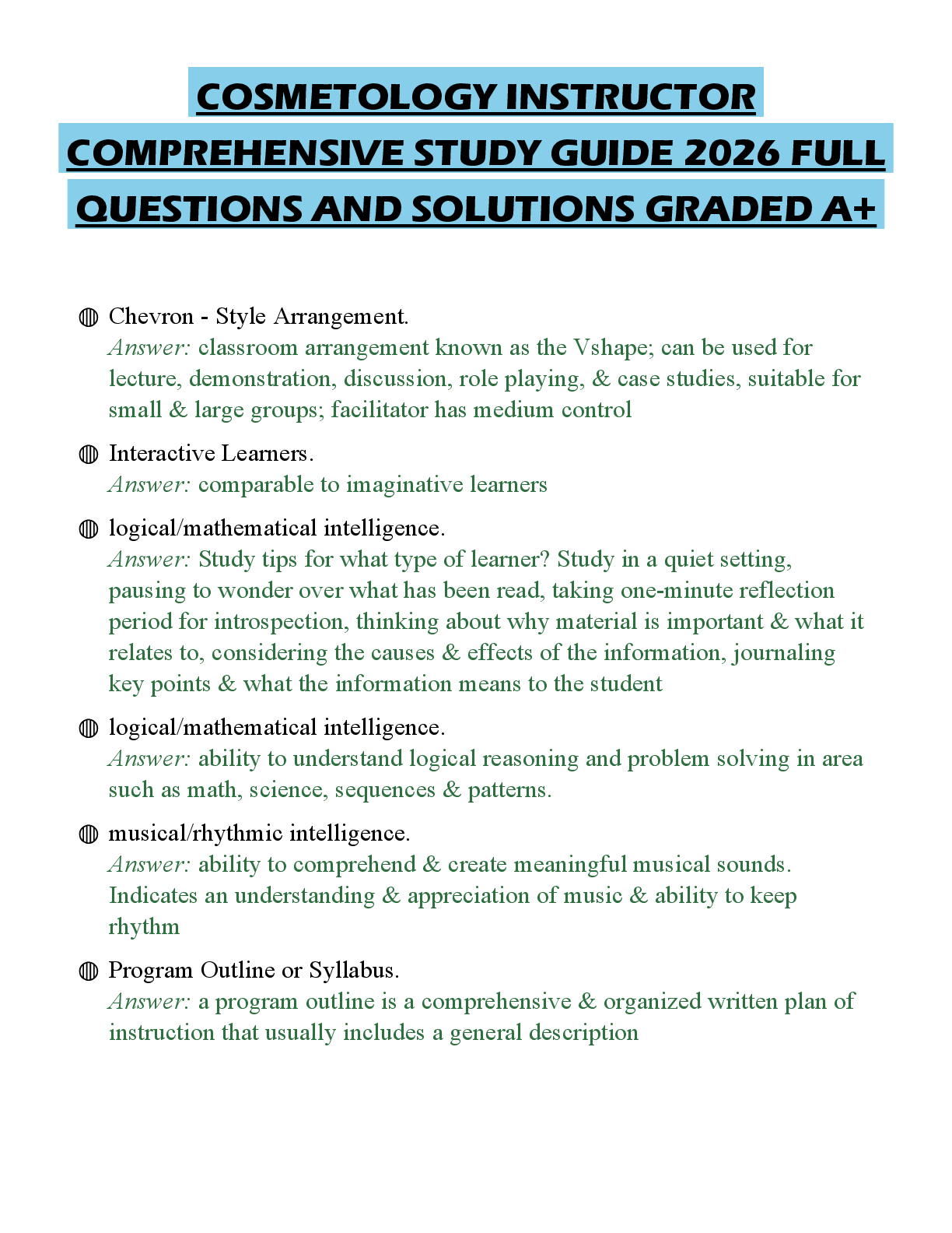 Recommended document preview for COSMETOLOGY INSTRUCTOR COMPREHENSIVE STUDY GUIDE 2026 FULL QUESTIONS AND SOLUTIONS GRADED A+