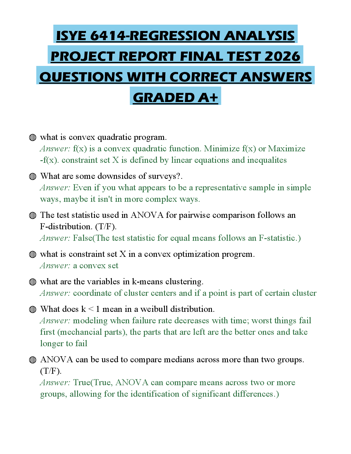 Recommended document preview for ISYE 6414-REGRESSION ANALYSIS PROJECT REPORT FINAL TEST 2026 QUESTIONS WITH CORRECT ANSWERS GRADED A+