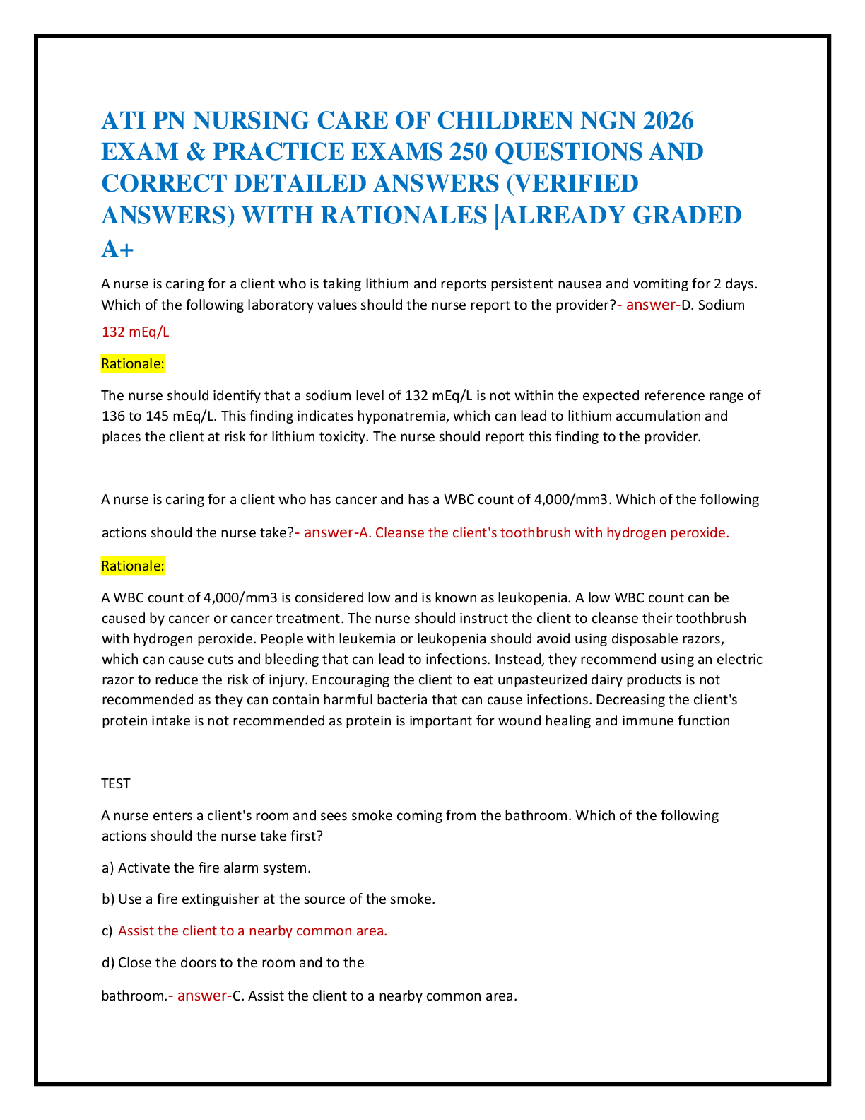 Preview of ATI PN NURSING CARE OF CHILDREN NGN 2026   EXAM & PRACTICE EXAMS 250 QUESTIONS AND   CORRE