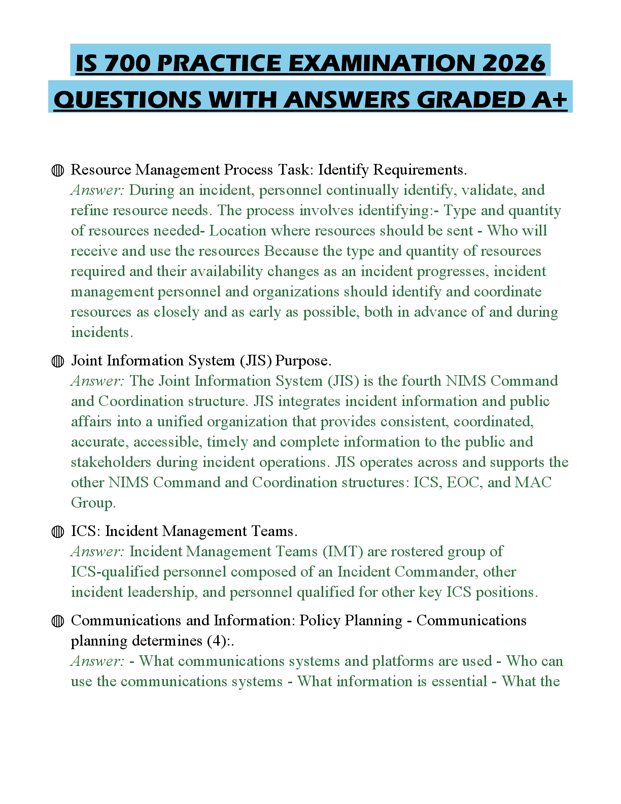 Recommended document preview for IS 700 PRACTICE EXAMINATION 2026 QUESTIONS WITH ANSWERS GRADED A+