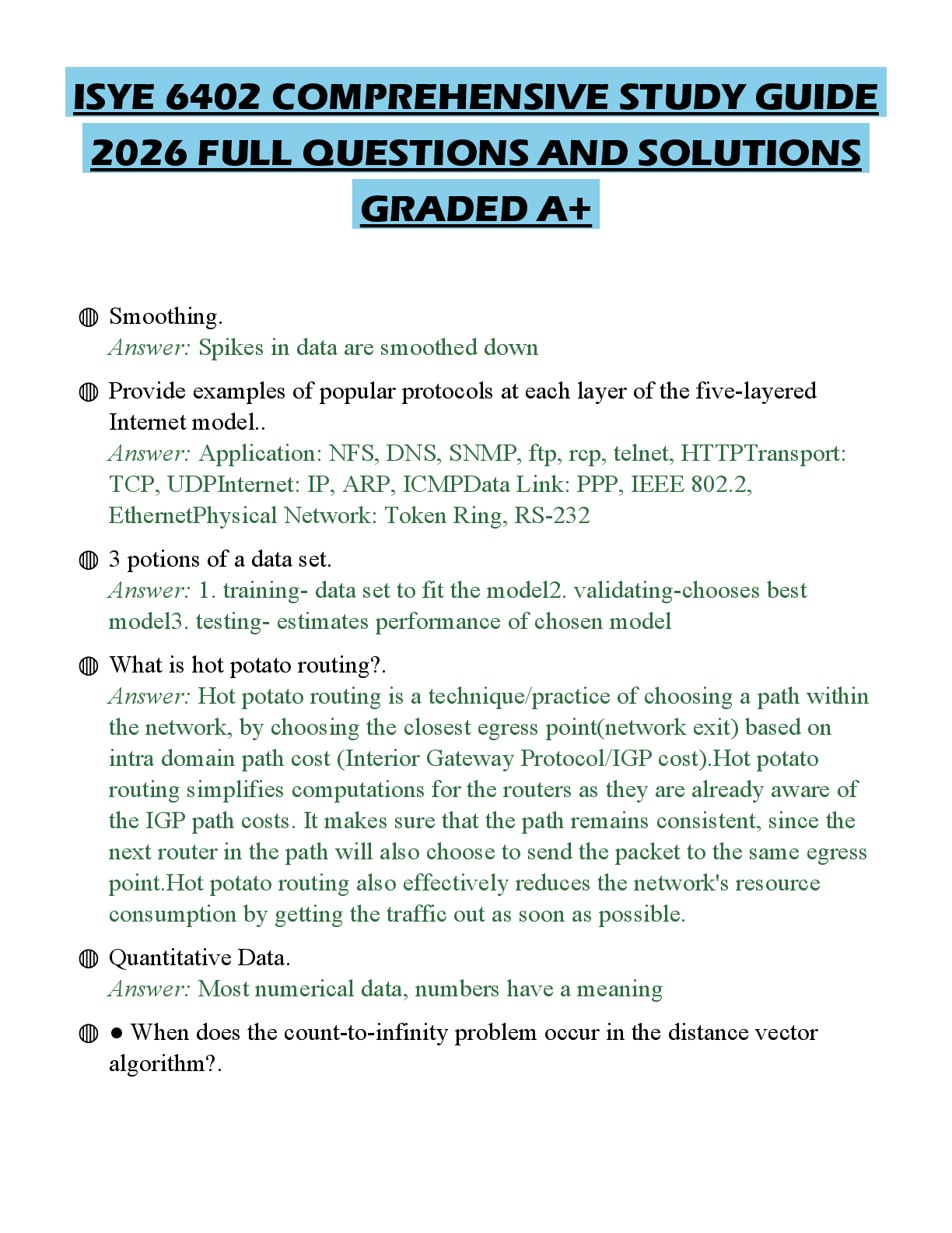 Preview of ISYE 6402 COMPREHENSIVE STUDY GUIDE 2026 FULL QUESTIONS AND SOLUTIONS GRADED A+