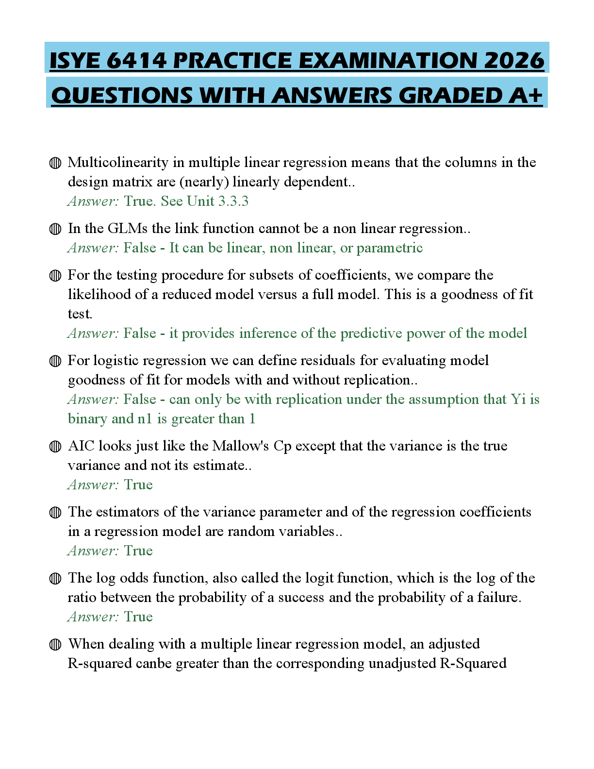 ISYE 6414-REGRESSION ANALYSIS PROJECT REPORT ACTUAL EXAM PAPER 2026 QUESTIONS WITH ANSWERS GRADED A+