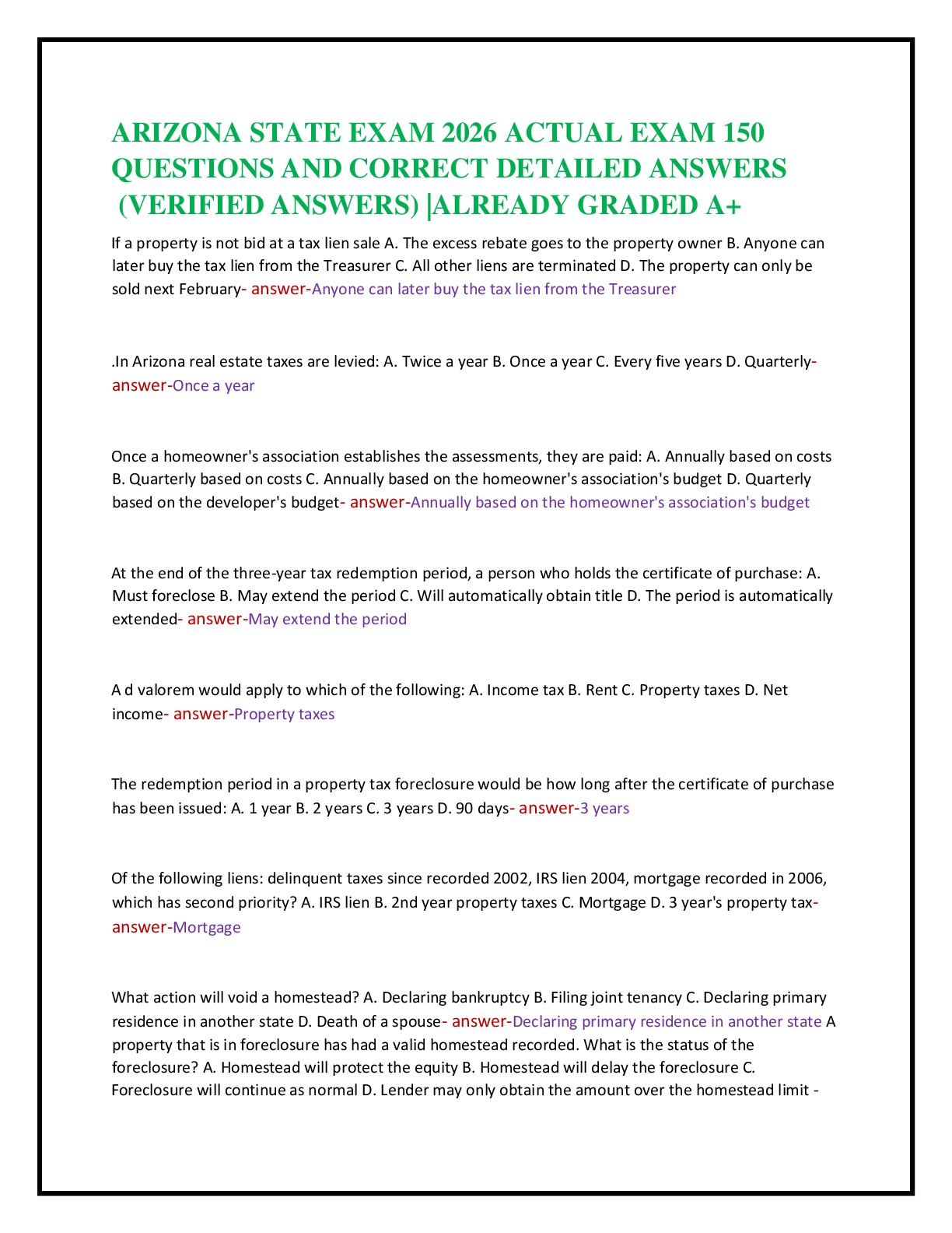 Recommended document preview for ARIZONA STATE EXAM 2026 ACTUAL EXAM 150   QUESTIONS AND CORRECT DETAILED ANSWERS   (VERIFIED ANSWERS) |ALREADY GRADED A+
