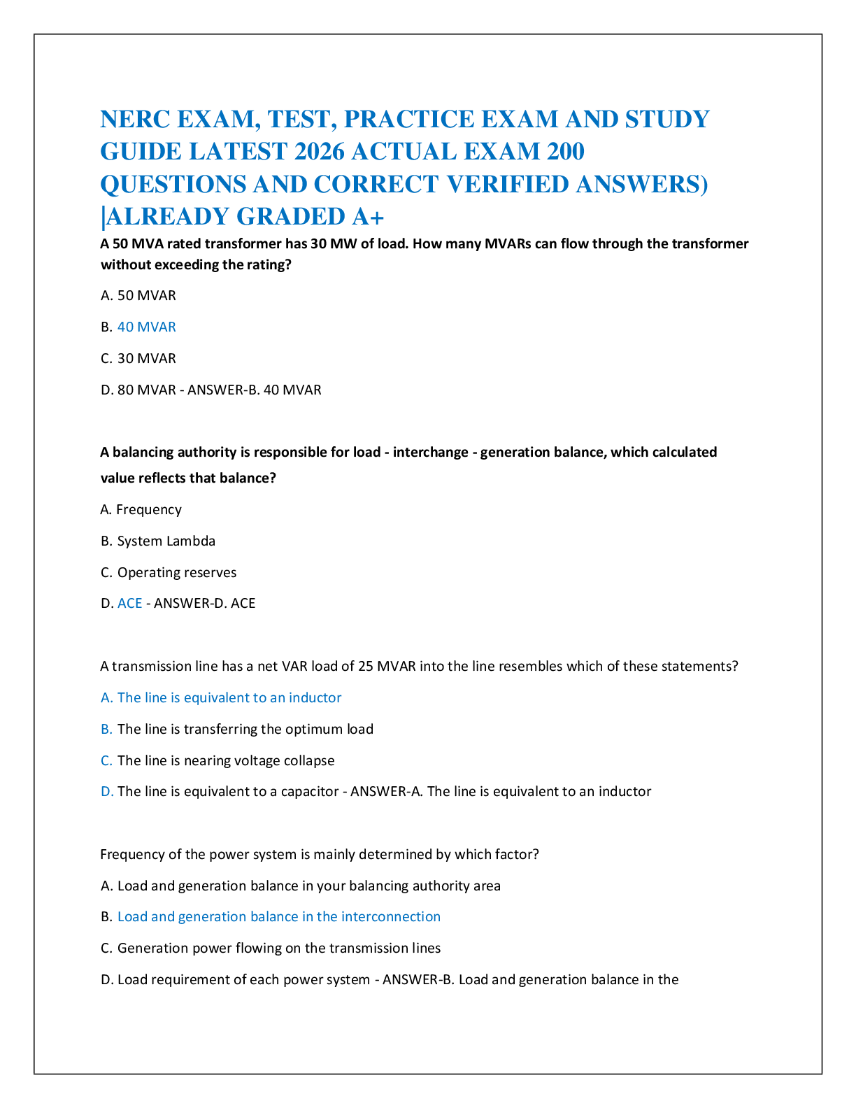 Recommended document preview for NERC EXAM, TEST, PRACTICE EXAM AND STUDY   GUIDE LATEST 2026 ACTUAL EXAM 200   QUESTIONS AND CORRECT VERIFIED ANSWERS)  |ALREADY GRADED A+
