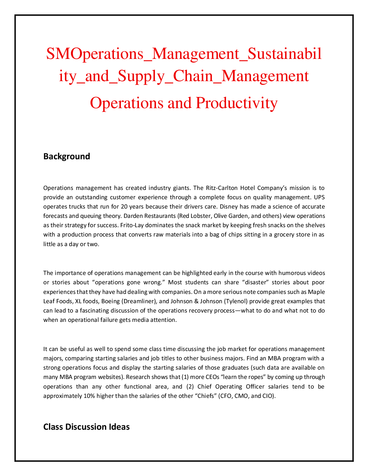Recommended document preview for Instructor's Resource Manual for Operations Management, Sustainability, and Supply Chain Management (Chapters 1-13 & Supplements)