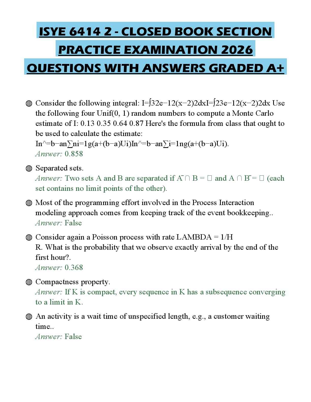 Recommended document preview for ISYE 6414 2 - CLOSED BOOK SECTION PRACTICE EXAMINATION 2026 QUESTIONS WITH ANSWERS GRADED A+
