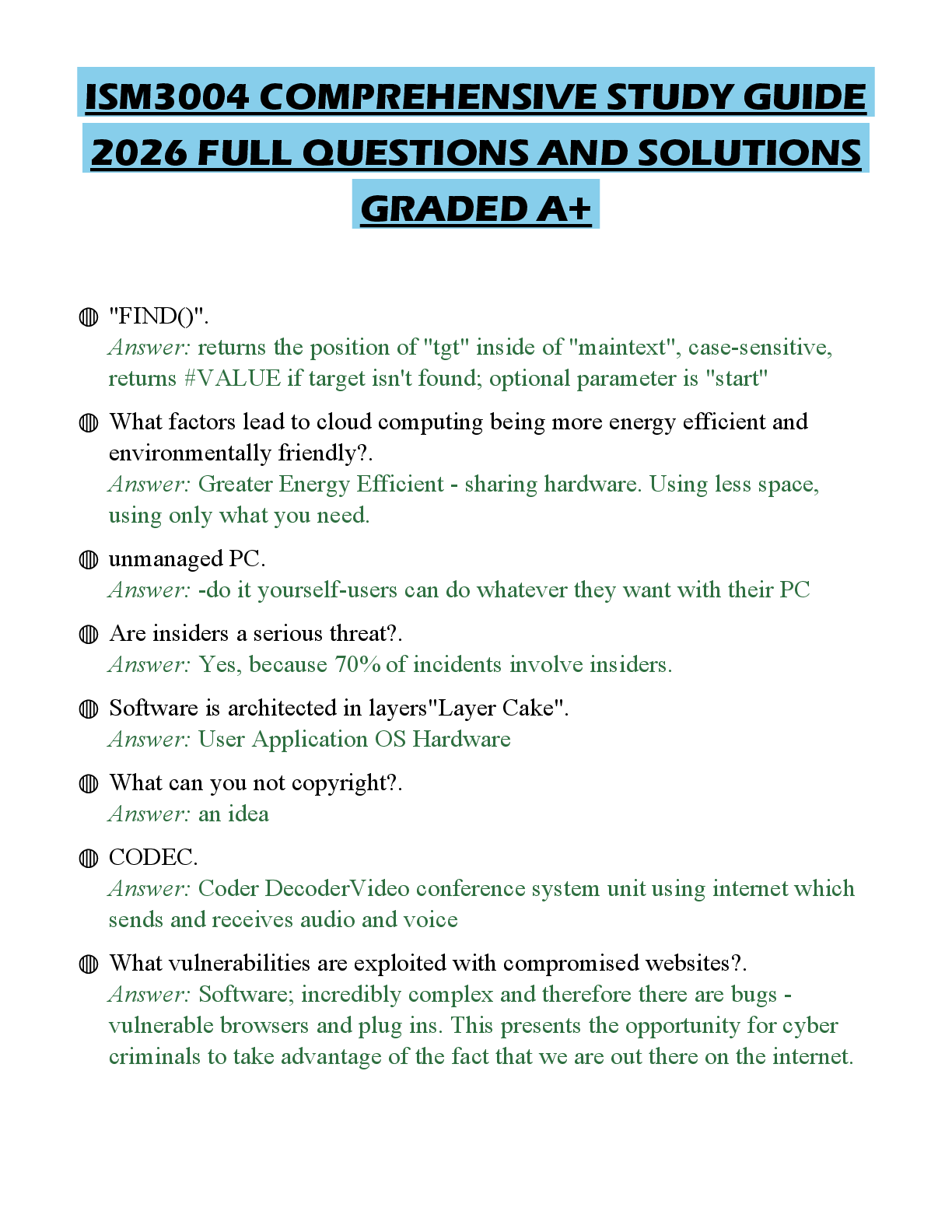 Recommended document preview for ISM3004 COMPREHENSIVE STUDY GUIDE 2026 FULL QUESTIONS AND SOLUTIONS GRADED A+