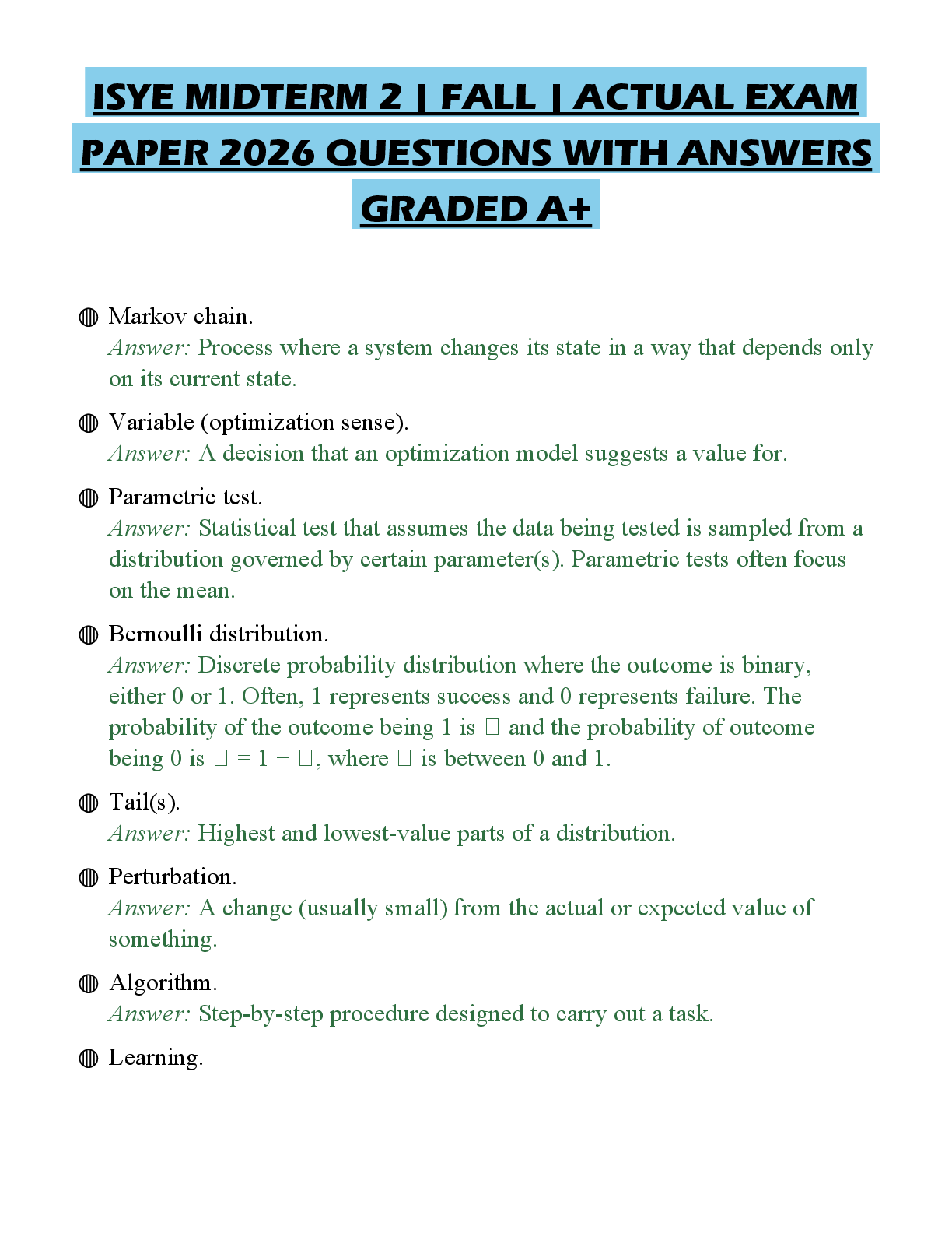 Recommended document preview for ISYE MIDTERM 2 | FALL | ACTUAL EXAM PAPER 2026 QUESTIONS WITH ANSWERS GRADED A+