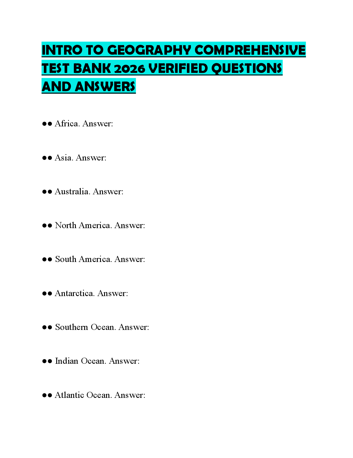 Recommended document preview for INTRO TO GEOGRAPHY COMPREHENSIVE TEST BANK 2026 VERIFIED QUESTIONS AND ANSWER
