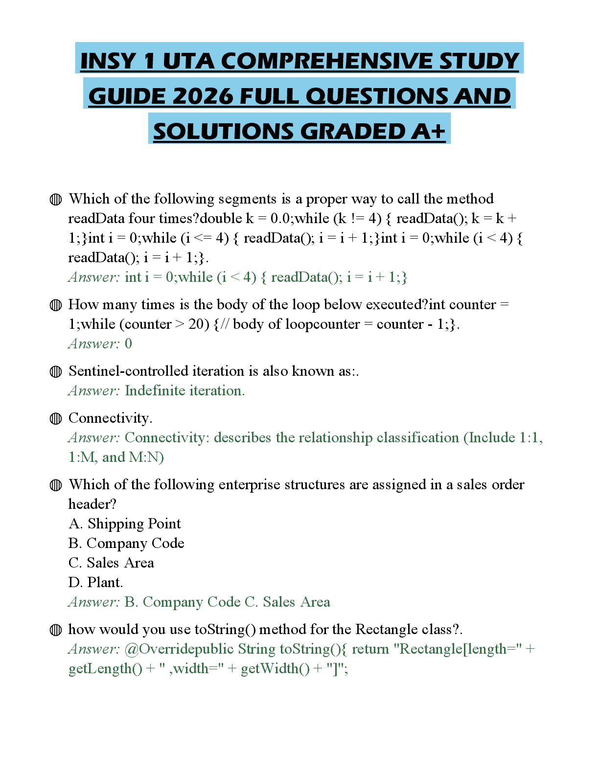 Recommended document preview for INSY 1 UTA COMPREHENSIVE STUDY GUIDE 2026 FULL QUESTIONS AND SOLUTIONS GRADED A+