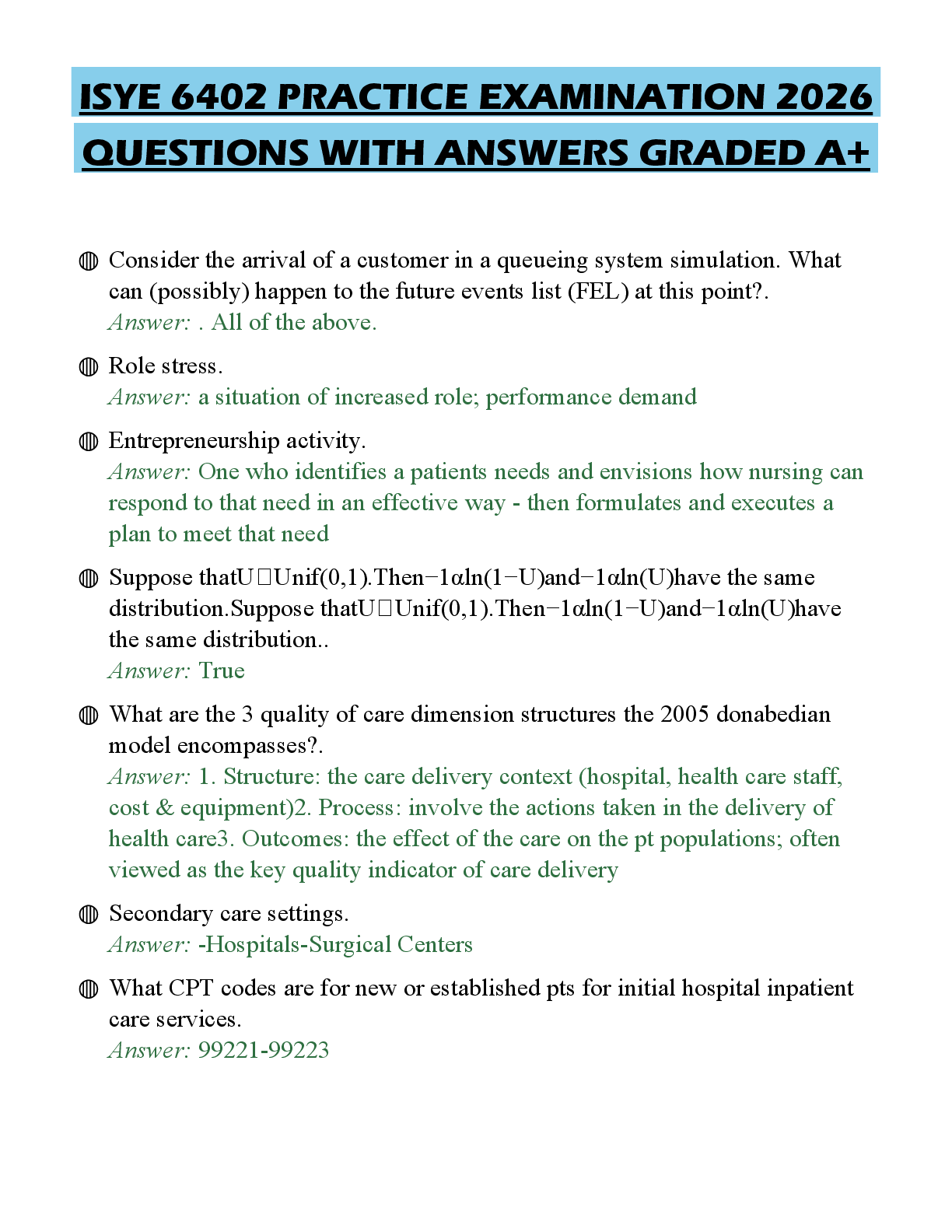 Recommended document preview for ISYE 6402 PRACTICE EXAMINATION 2026 QUESTIONS WITH ANSWERS GRADED A+
