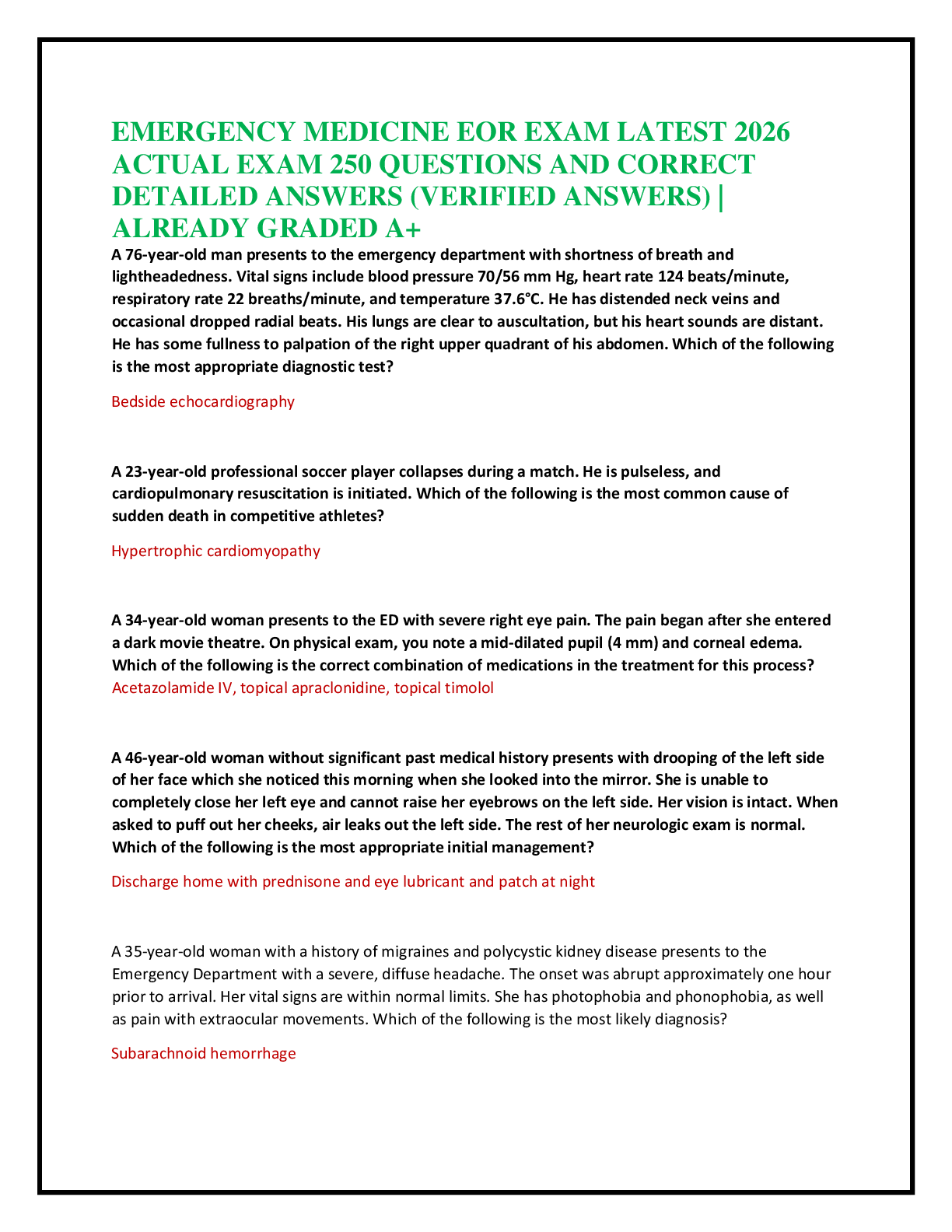 Recommended document preview for EMERGENCY MEDICINE EOR EXAM LATEST 2026  ACTUAL EXAM 250 QUESTIONS AND CORRECT  DETAILED ANSWERS (VERIFIED ANSWERS) |  ALREADY GRADED A+