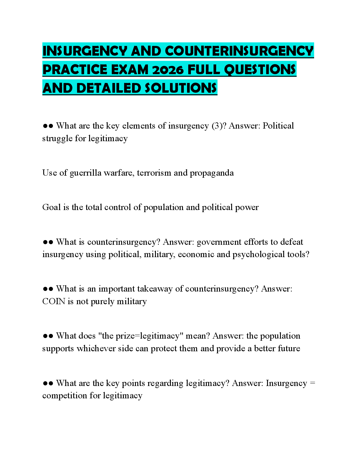 Preview of INSURGENCY AND COUNTERINSURGENCY PRACTICE EXAM 2026 FULL QUESTIONS AND DETAILED SOLUTIONS