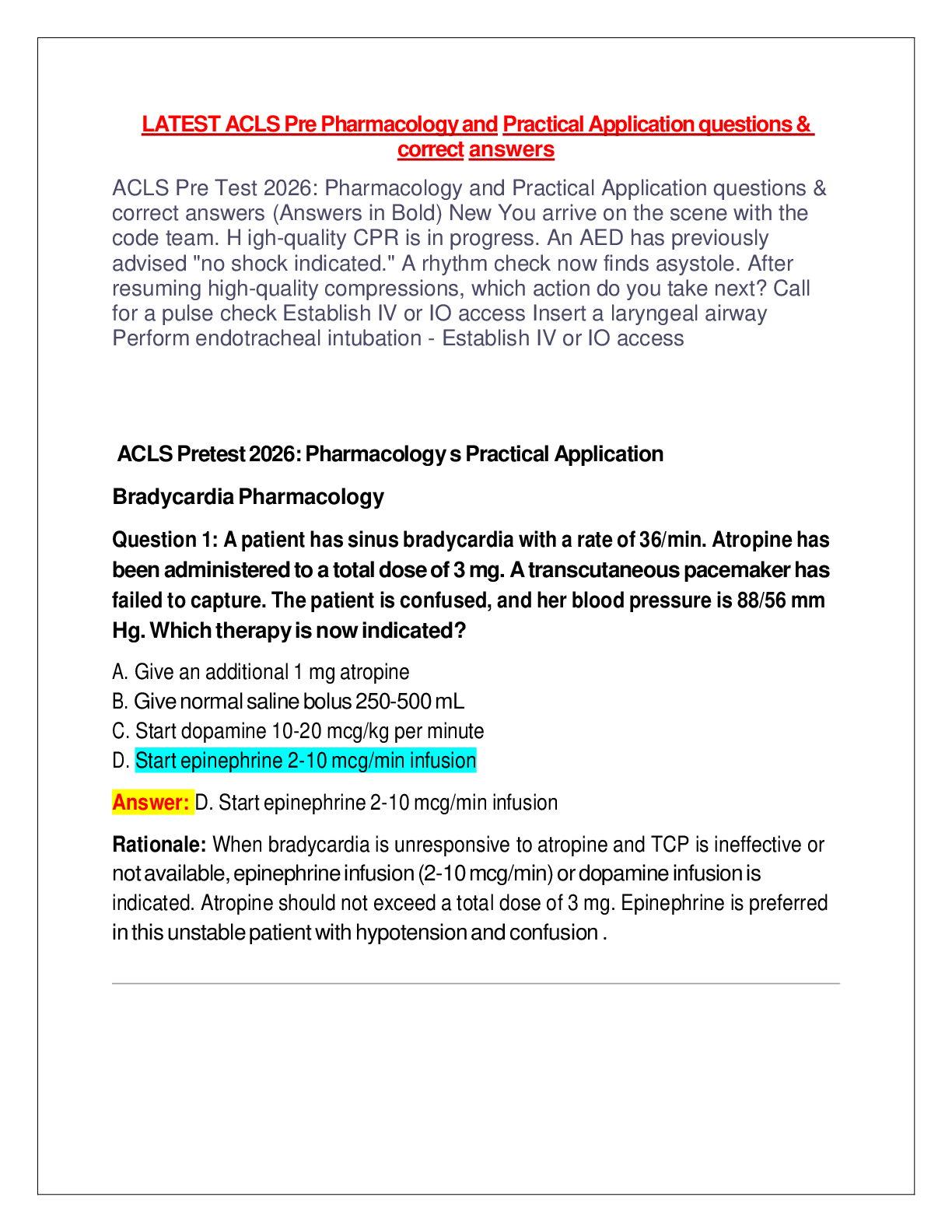 LATEST ACLS Pre Pharmacology and Practical Application questions & correct answers