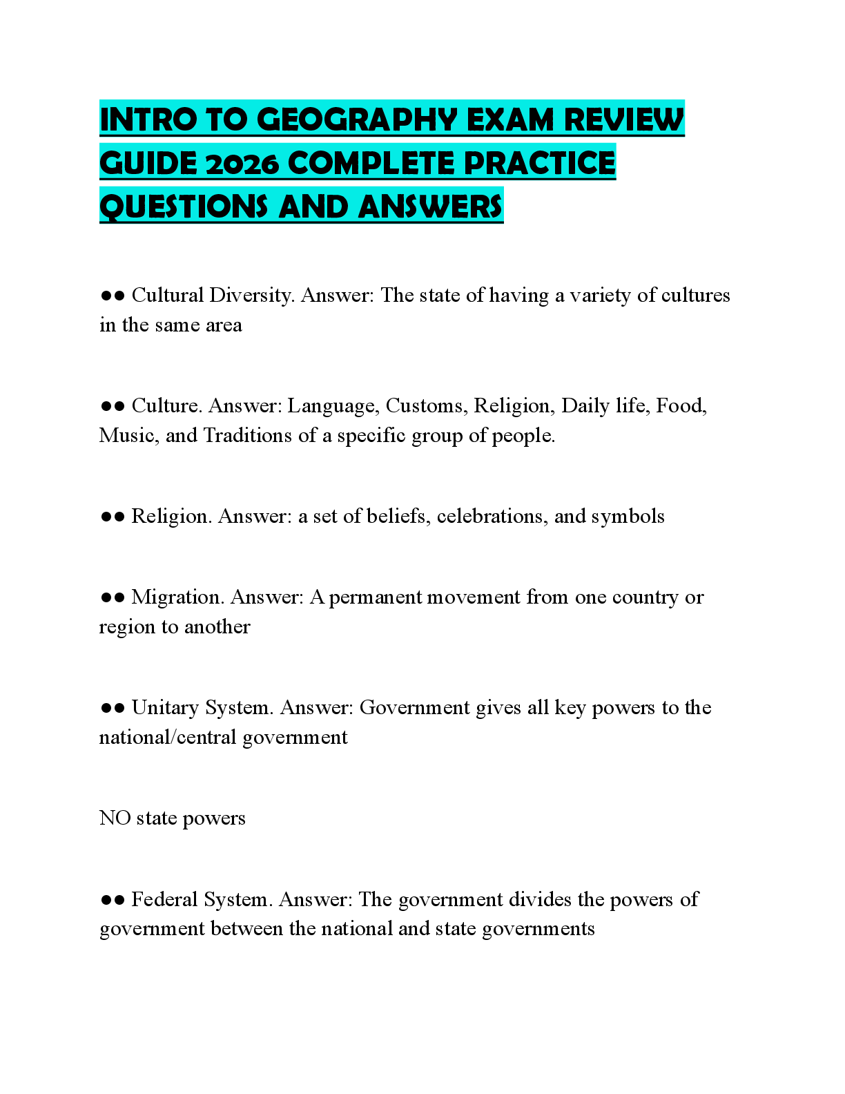 Preview of INTRO TO GEOGRAPHY EXAM REVIEW GUIDE 2026 COMPLETE PRACTICE QUESTIONS AND ANSWER