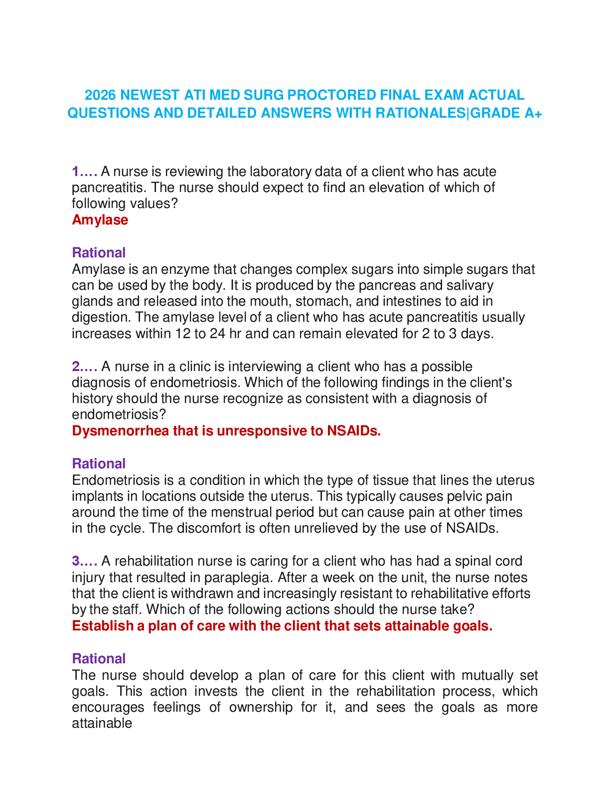 2026 NEWEST ATI MED SURG PROCTORED FINAL EXAM ACTUAL QUESTIONS AND DETAILED ANSWERS WITH RATIONALES|GRADE A+