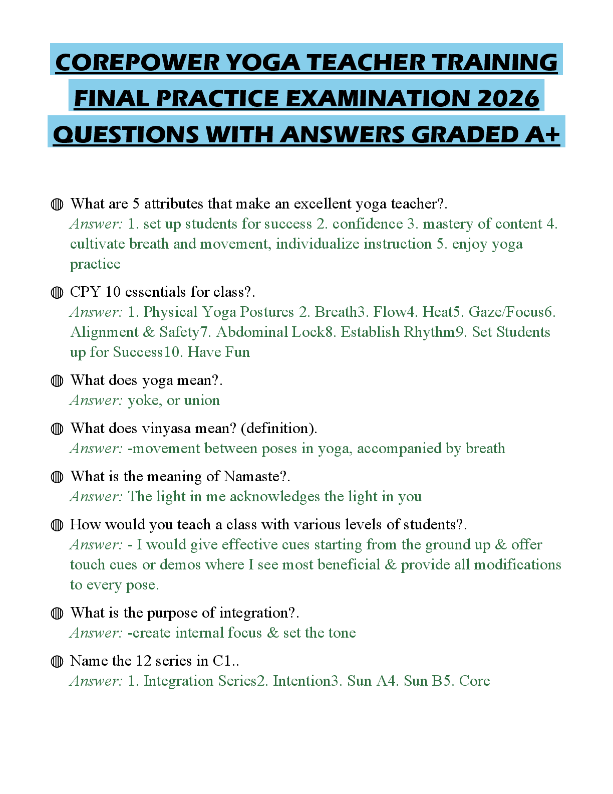 Recommended document preview for COREPOWER YOGA TEACHER TRAINING FINAL PRACTICE EXAMINATION 2026 QUESTIONS WITH ANSWERS GRADED A+