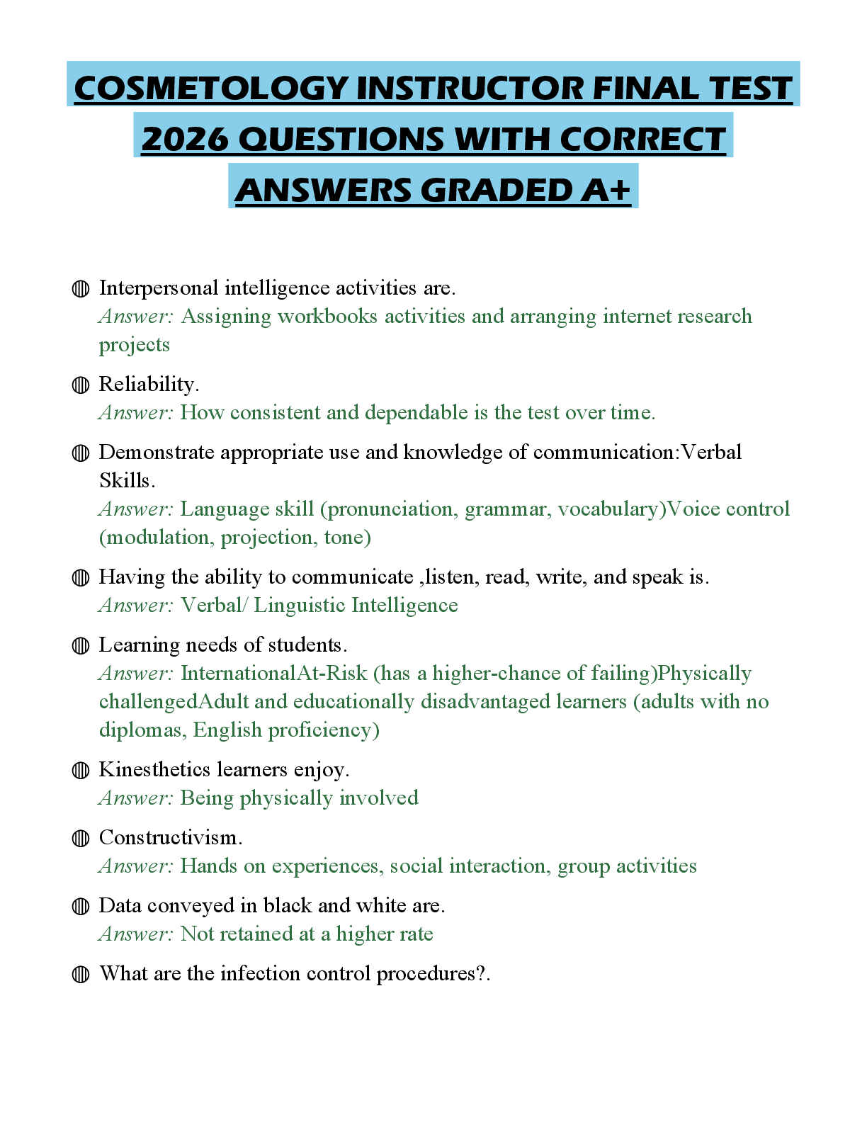 Preview of COSMETOLOGY INSTRUCTOR FINAL TEST 2026 QUESTIONS WITH CORRECT ANSWERS GRADED A+