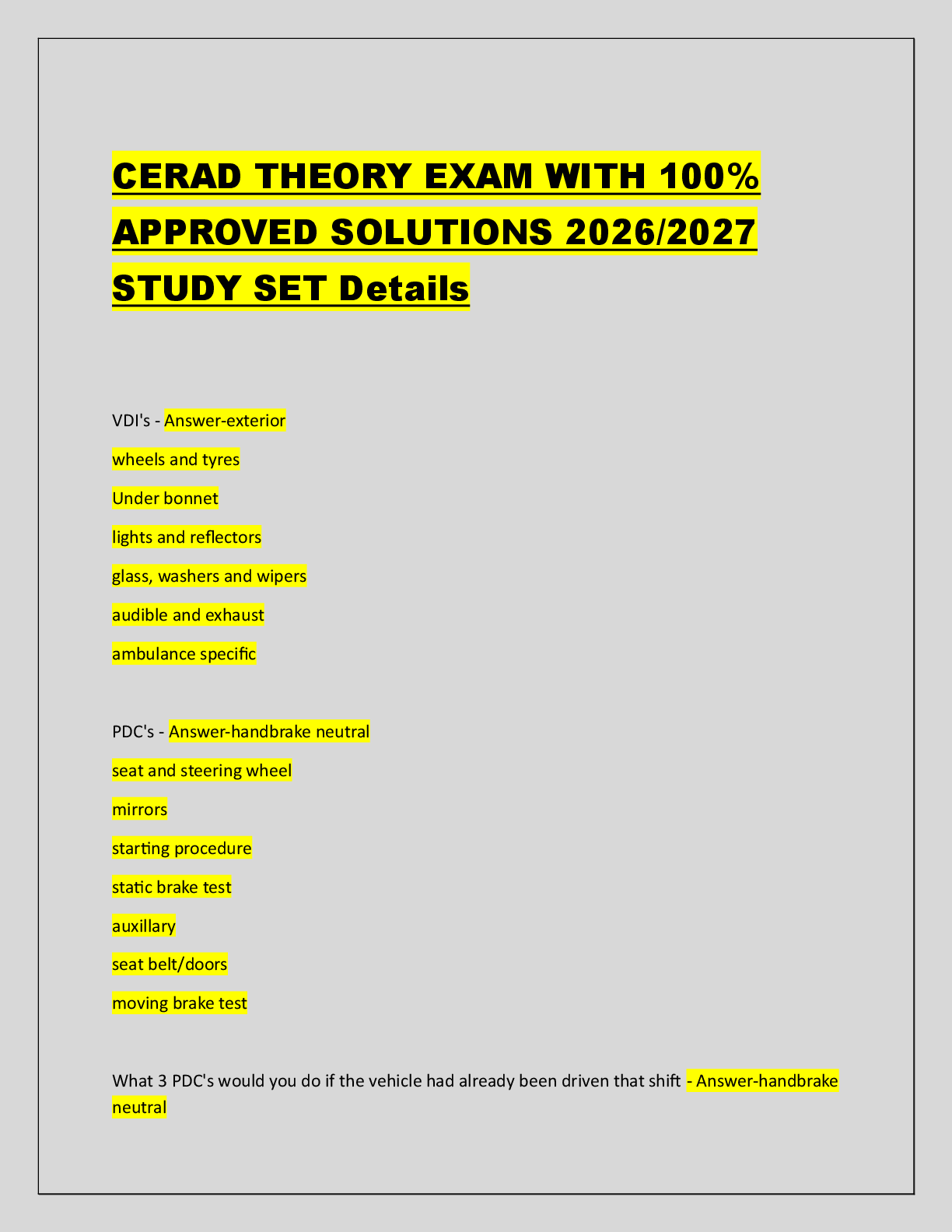 Recommended document preview for CERAD THEORY EXAM WITH 100%  APPROVED SOLUTIONS 2026/2027  STUDY SET Details