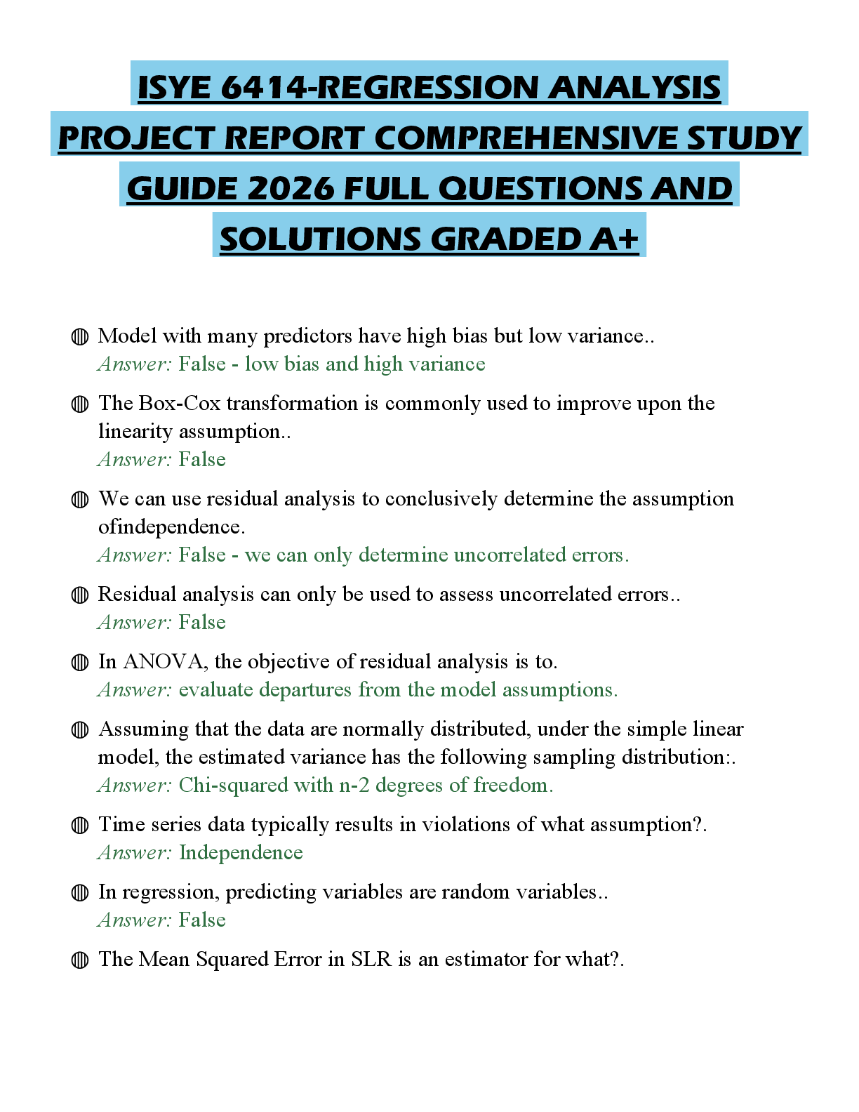 Recommended document preview for ISYE 6414-REGRESSION ANALYSIS PROJECT REPORT COMPREHENSIVE STUDY GUIDE 2026 FULL QUESTIONS AND SOLUTIONS GRADED A+