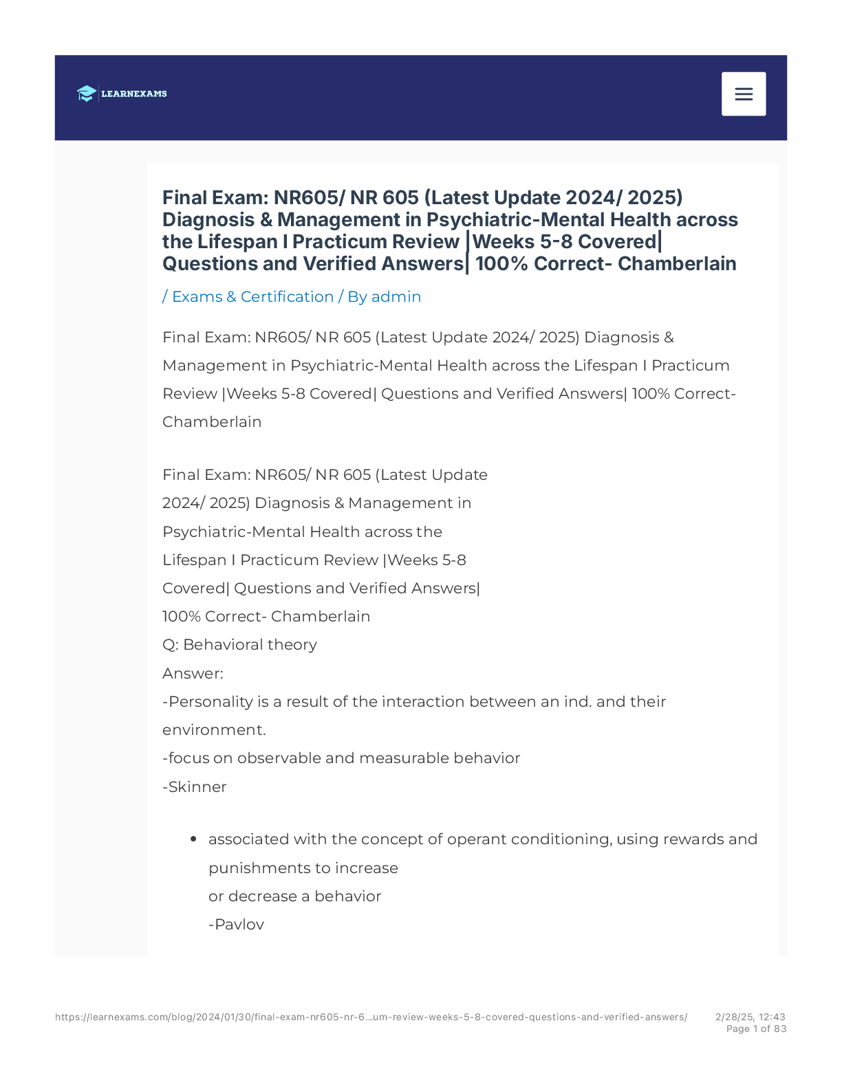 Recommended document preview for Final Exam: NR605/ NR 605 (Latest Update 2024/ 2025) Diagnosis & Management in Psychiatric-Mental Health across the Lifespan I Practicum Review |Weeks 5-8 Covered| Questions and Verified Answers| 100% Correct- Chamberlain