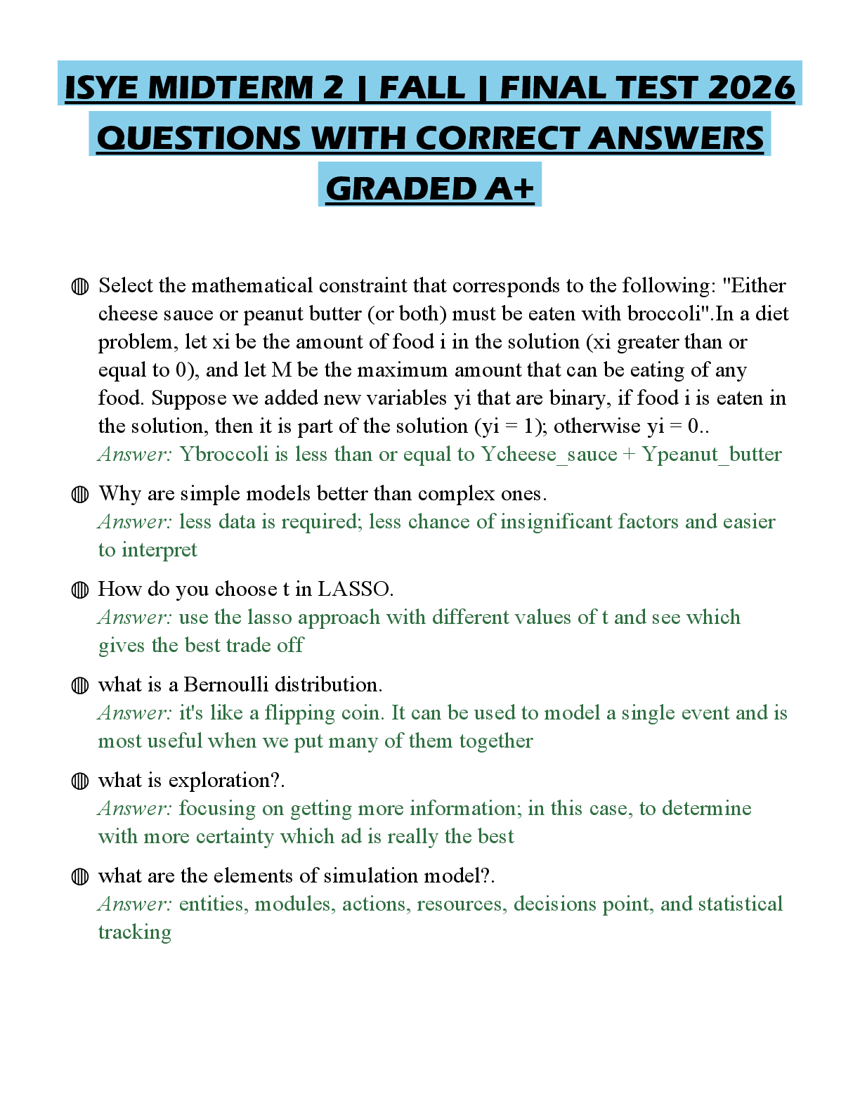 Recommended document preview for ISYE MIDTERM 2 | FALL | FINAL TEST 2026 QUESTIONS WITH CORRECT ANSWERS GRADED A+