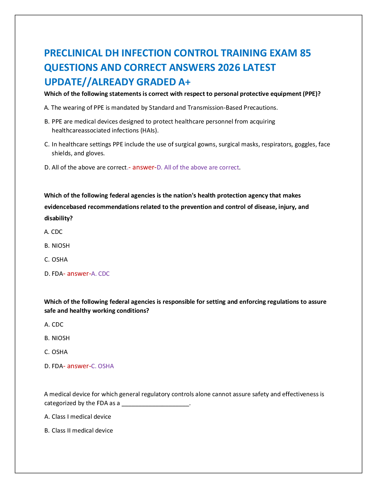 Preview of PRECLINICAL DH INFECTION CONTROL TRAINING EXAM 85   QUESTIONS AND CORRECT ANSWERS 2026 LAT