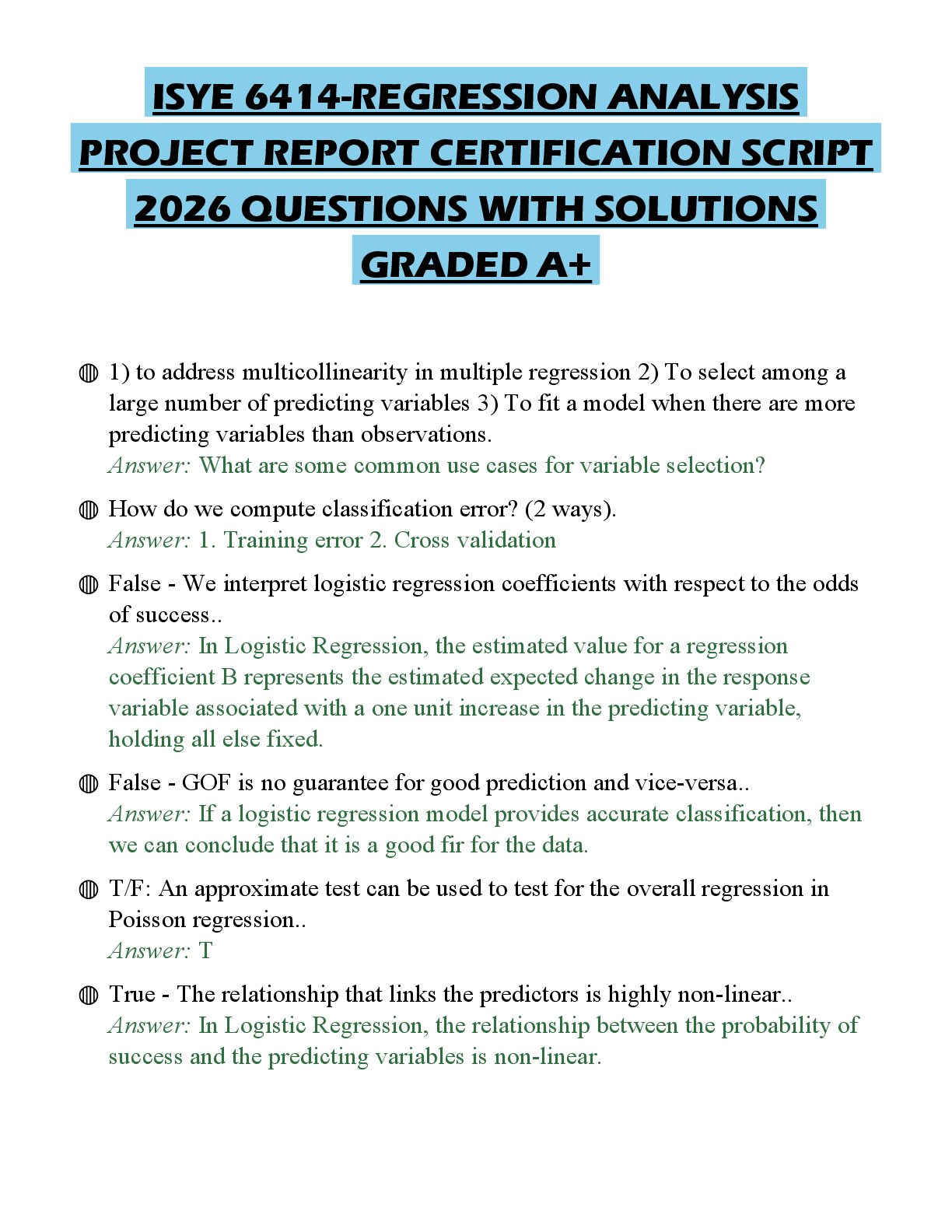Recommended document preview for ISYE 6414-REGRESSION ANALYSIS PROJECT REPORT CERTIFICATION SCRIPT 2026 QUESTIONS WITH SOLUTIONS GRADED A+