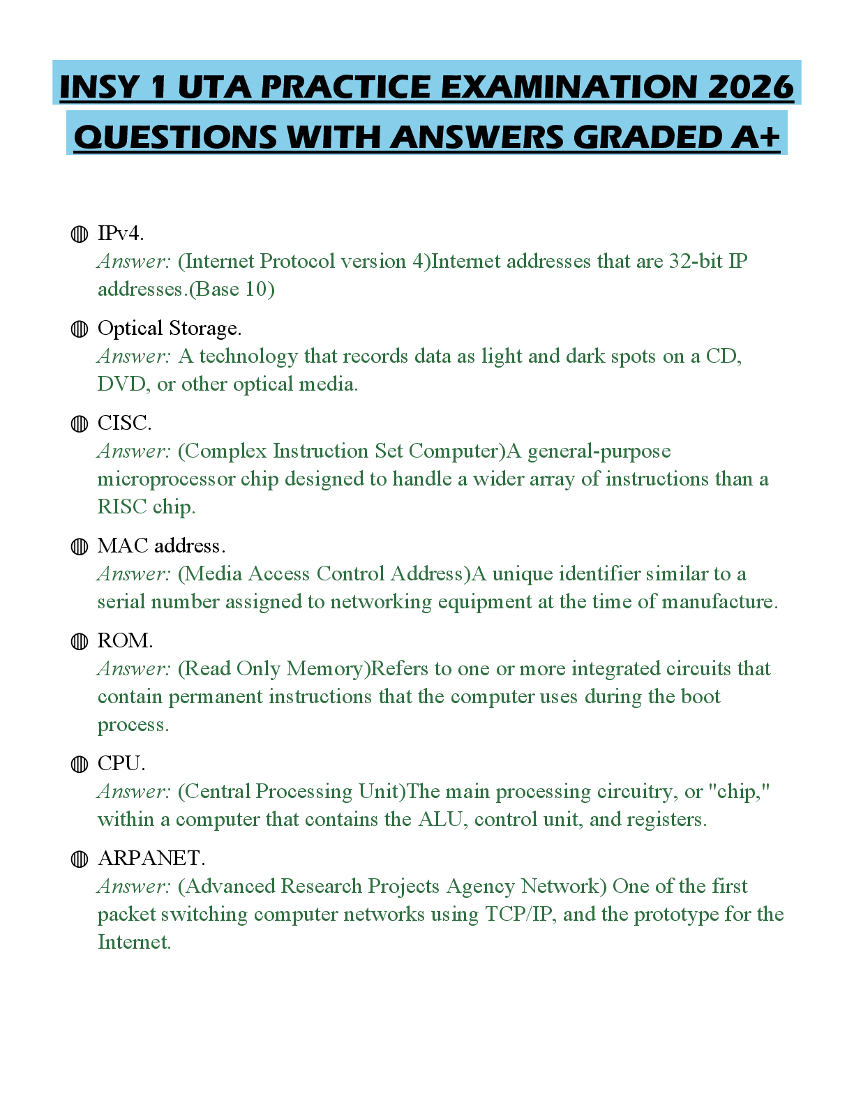 Recommended document preview for INSY 1 UTA PRACTICE EXAMINATION 2026 QUESTIONS WITH ANSWERS GRADED A+