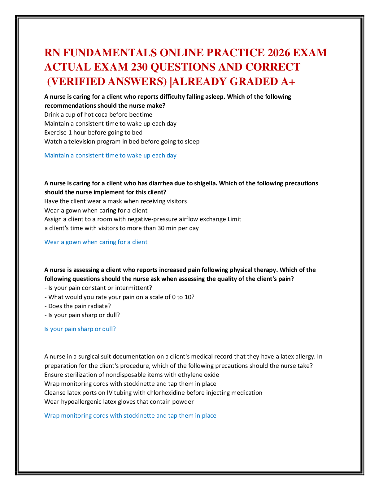 Preview of RN FUNDAMENTALS ONLINE PRACTICE 2026 EXAM   ACTUAL EXAM 230 QUESTIONS AND CORRECT   (VERIF