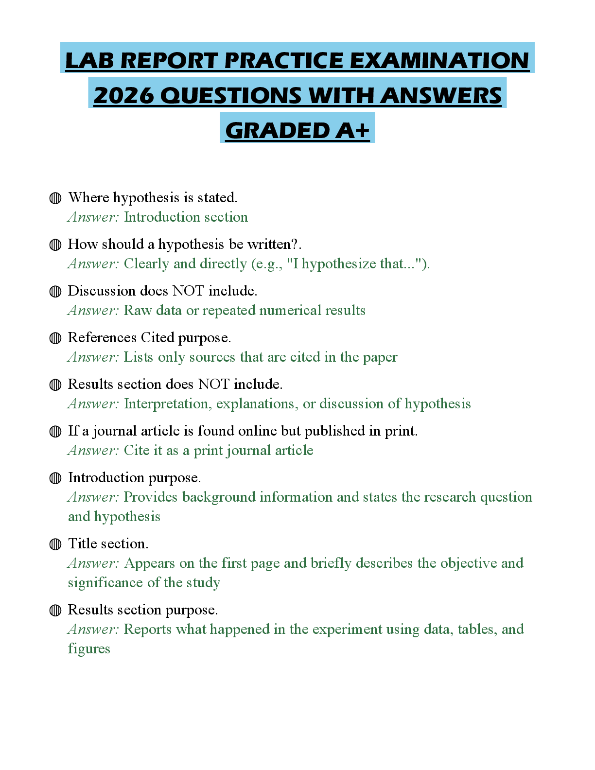 Recommended document preview for LAB REPORT ACTUAL EXAM PAPER 2026 QUESTIONS WITH ANSWERS GRADED A+
