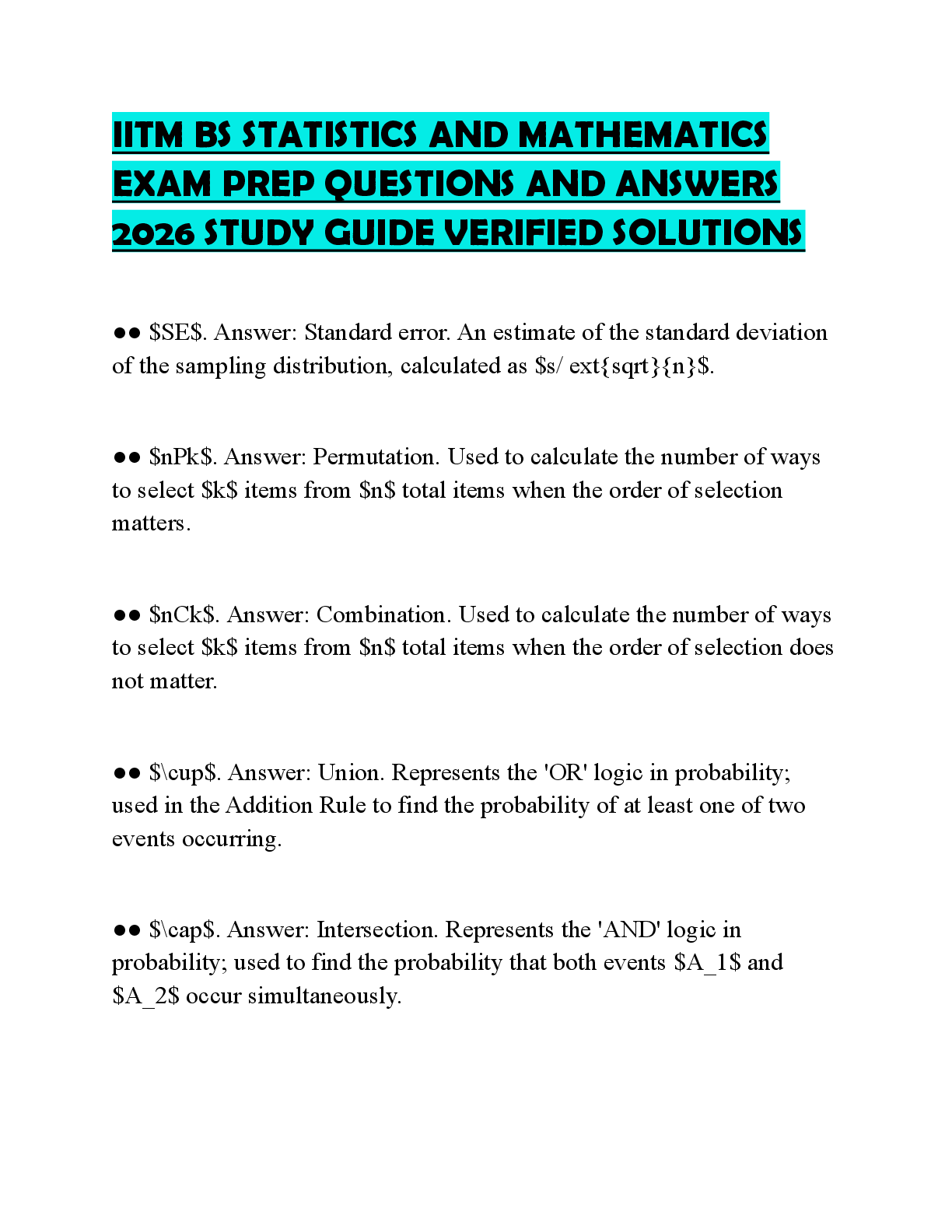 Recommended document preview for IITM BS STATISTICS AND MATHEMATICS EXAM PREP QUESTIONS AND ANSWERS 2026 STUDY GUIDE VERIFIED SOLUTIONS