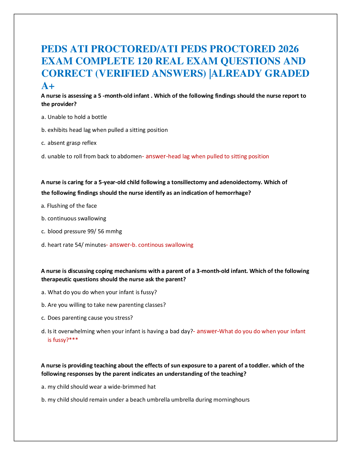 Recommended document preview for PEDS ATI PROCTORED/ATI PEDS PROCTORED 2026  EXAM COMPLETE 120 REAL EXAM QUESTIONS AND  CORRECT (VERIFIED ANSWERS) |ALREADY GRADED  A+