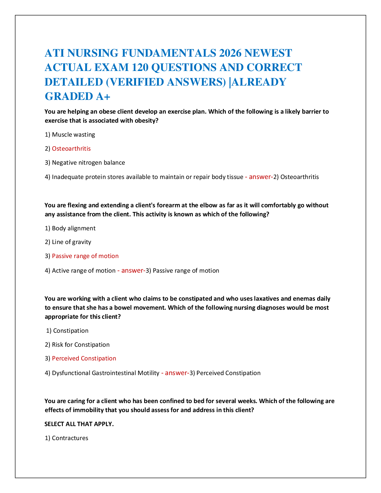 ATI NURSING FUNDAMENTALS 2026 NEWEST   ACTUAL EXAM 120 QUESTIONS AND CORRECT   DETAILED (VERIFIED ANSWERS) |ALREADY  GRADED A+