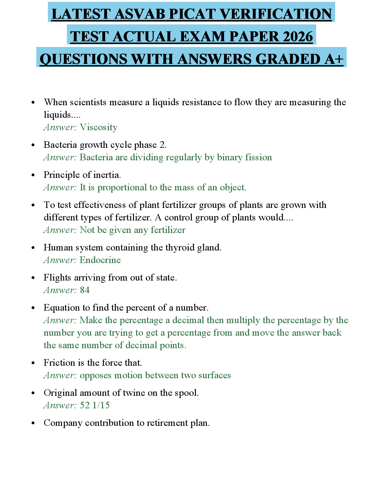 Preview of LATEST ASVAB PICAT VERIFICATION TEST COMPREHENSIVE STUDY GUIDE 2026 FULL QUESTIONS AND SOL