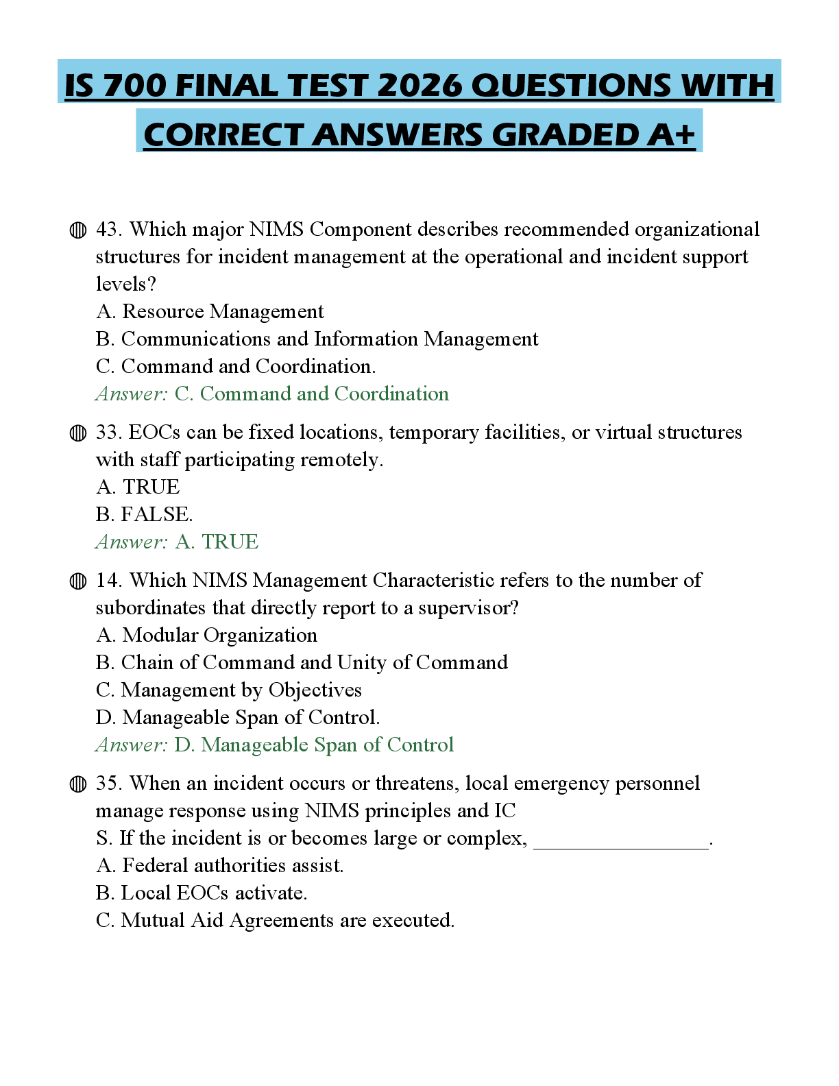 Recommended document preview for IS 700 FINAL TEST 2026 QUESTIONS WITH CORRECT ANSWERS GRADED A+