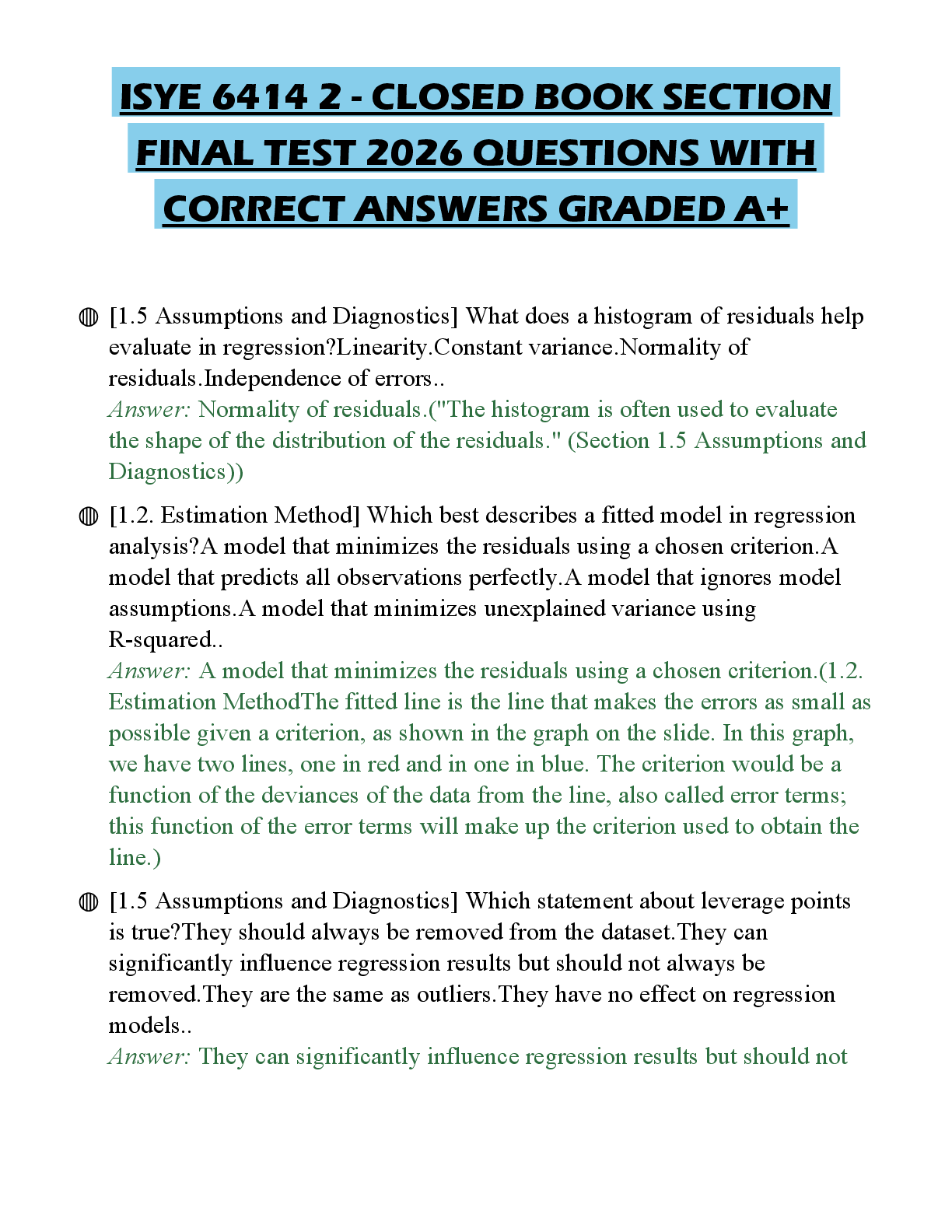 Recommended document preview for ISYE 6414 2 - CLOSED BOOK SECTION FINAL TEST 2026 QUESTIONS WITH CORRECT ANSWERS GRADED A+