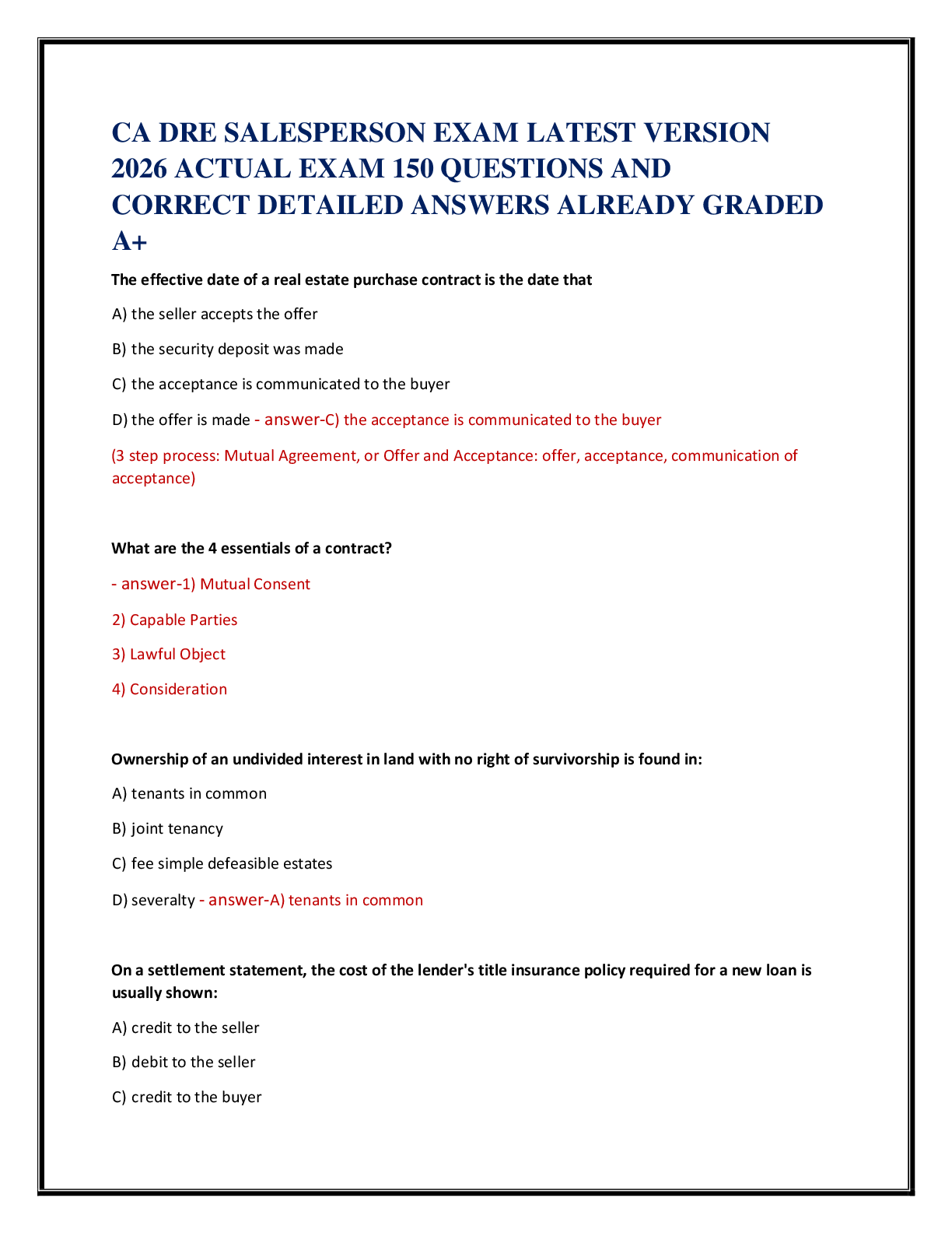 Recommended document preview for CA DRE SALESPERSON EXAM LATEST VERSION   2026 ACTUAL EXAM 150 QUESTIONS AND   CORRECT DETAILED ANSWERS ALREADY GRADED  A+