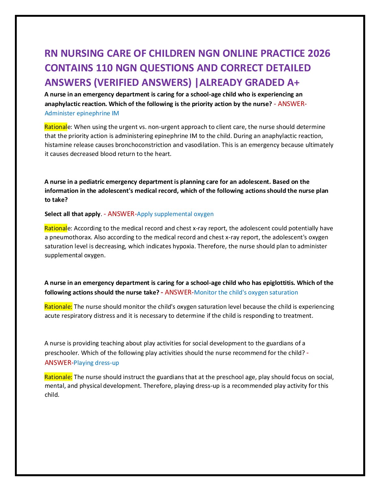 RN NURSING CARE OF CHILDREN NGN ONLINE PRACTICE 2026  CONTAINS 110 NGN QUESTIONS AND CORRECT DETAILED  ANSWERS (VERIFIED ANSWERS) |ALREADY GRADED A+