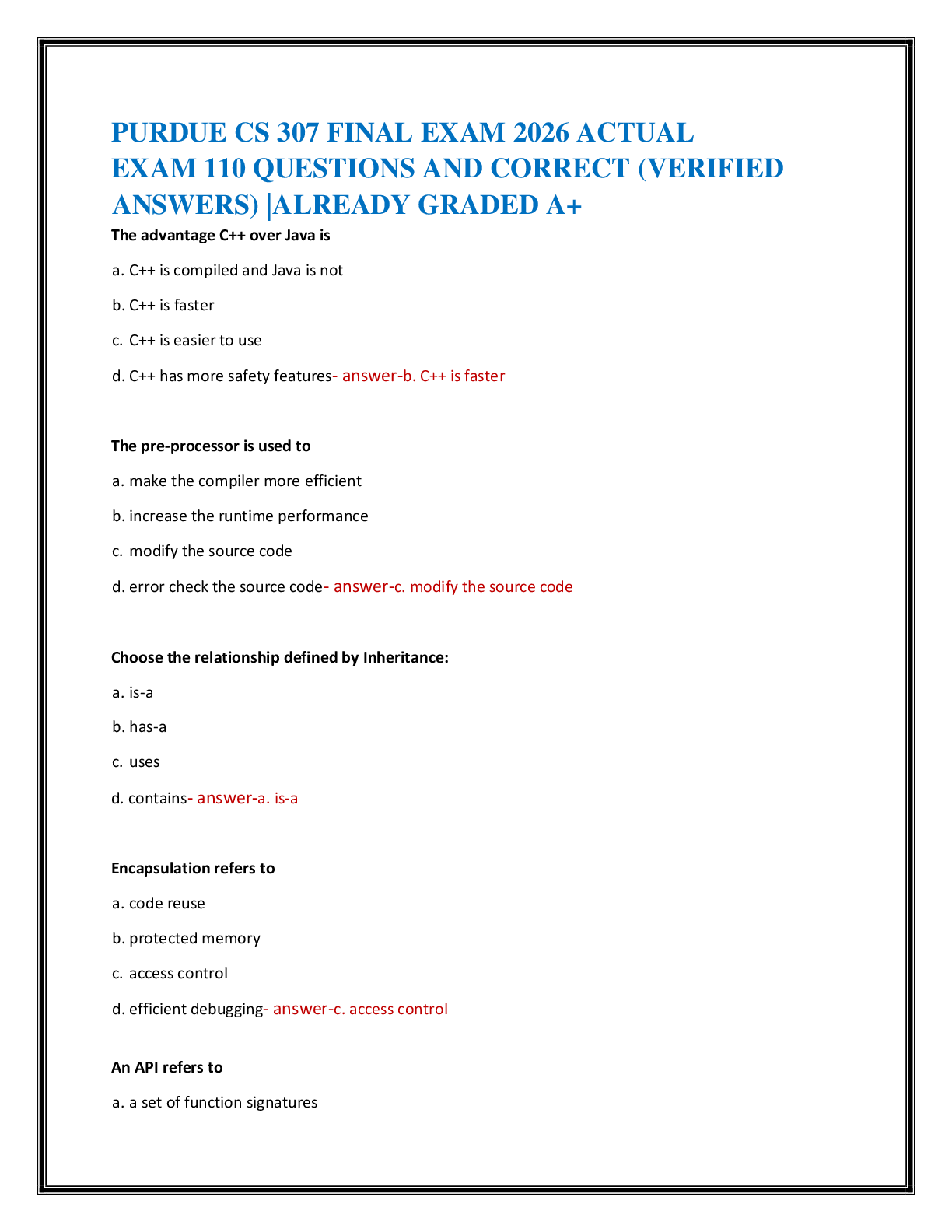 Recommended document preview for PURDUE CS 307 FINAL EXAM 2026 ACTUAL   EXAM 110 QUESTIONS AND CORRECT (VERIFIED  ANSWERS) |ALREADY GRADED A+