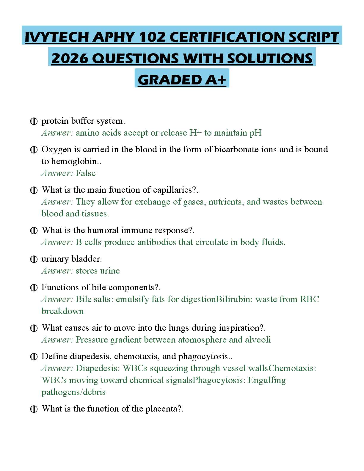 Preview of IVYTECH APHY 102 PRACTICE EXAMINATION 2026 QUESTIONS WITH ANSWERS GRADED A+