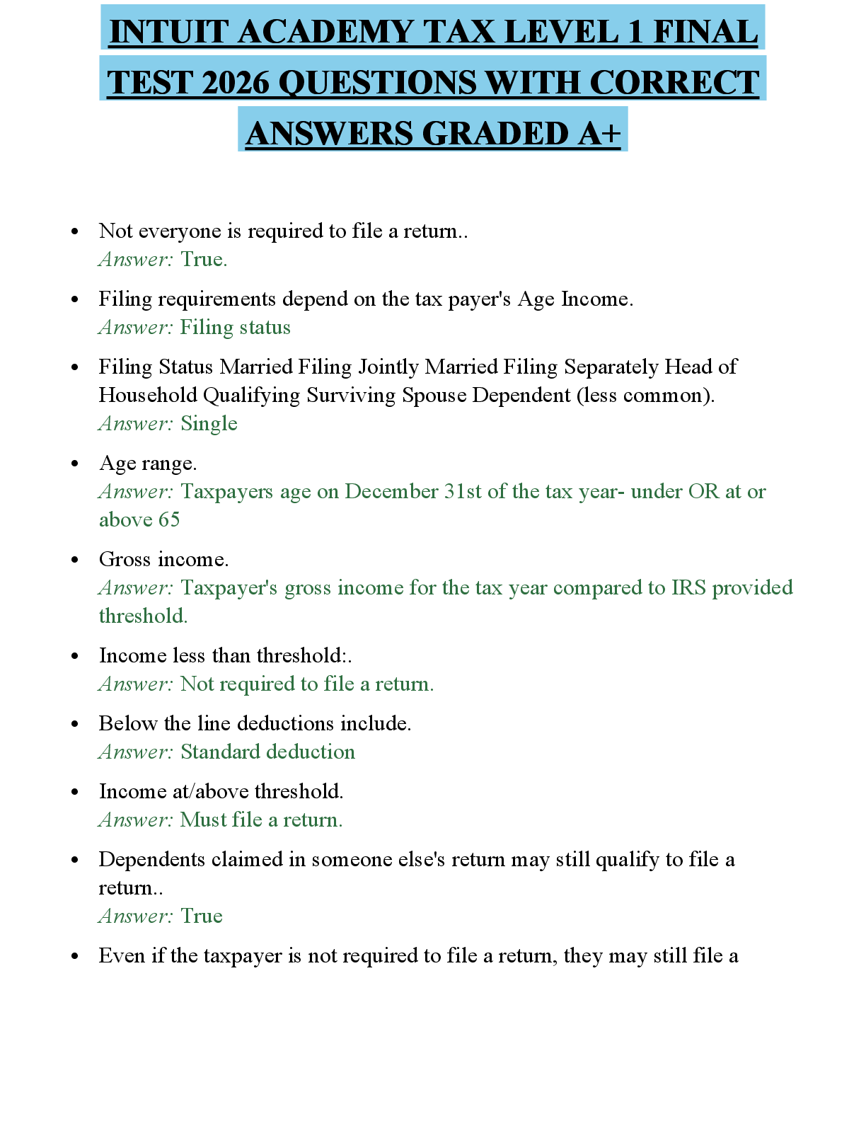 Recommended document preview for INTUIT ACADEMY TAX LEVEL 1 PRACTICE EXAMINATION 2026 QUESTIONS WITH ANSWERS GRADED A+