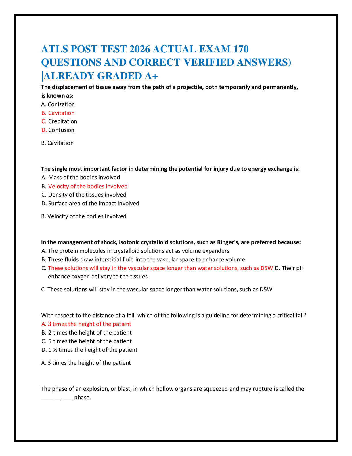 ATLS POST TEST 2026 ACTUAL EXAM 170   QUESTIONS AND CORRECT VERIFIED ANSWERS)  |ALREADY GRADED A+