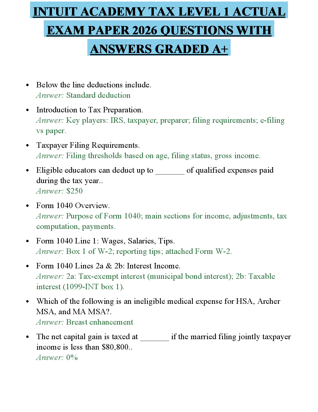 Preview of INTUIT ACADEMY TAX LEVEL 1 ACTUAL EXAM PAPER 2026 QUESTIONS WITH ANSWERS GRADED A+