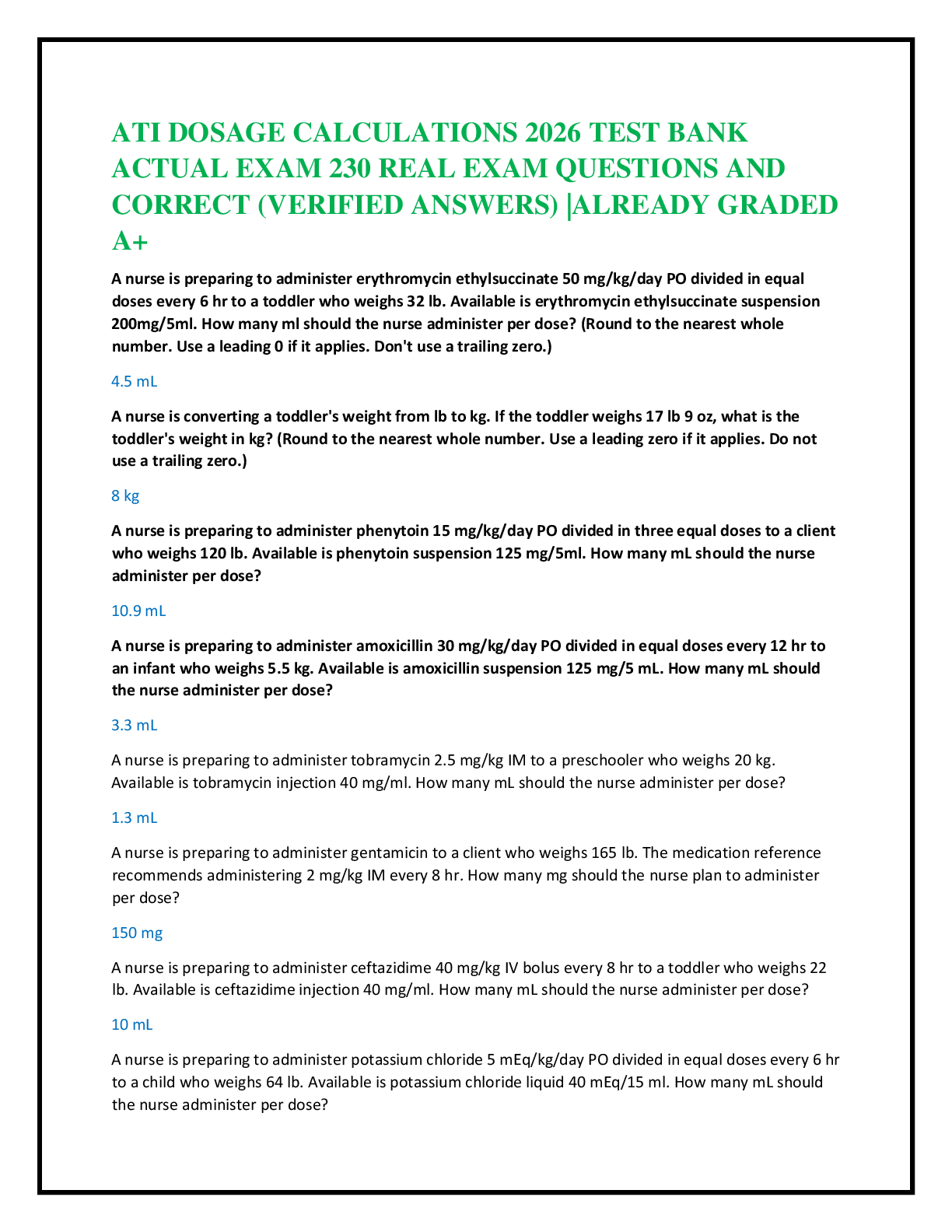 Preview of ATI DOSAGE CALCULATIONS 2026 TEST BANK   ACTUAL EXAM 230 REAL EXAM QUESTIONS AND   CORRECT
