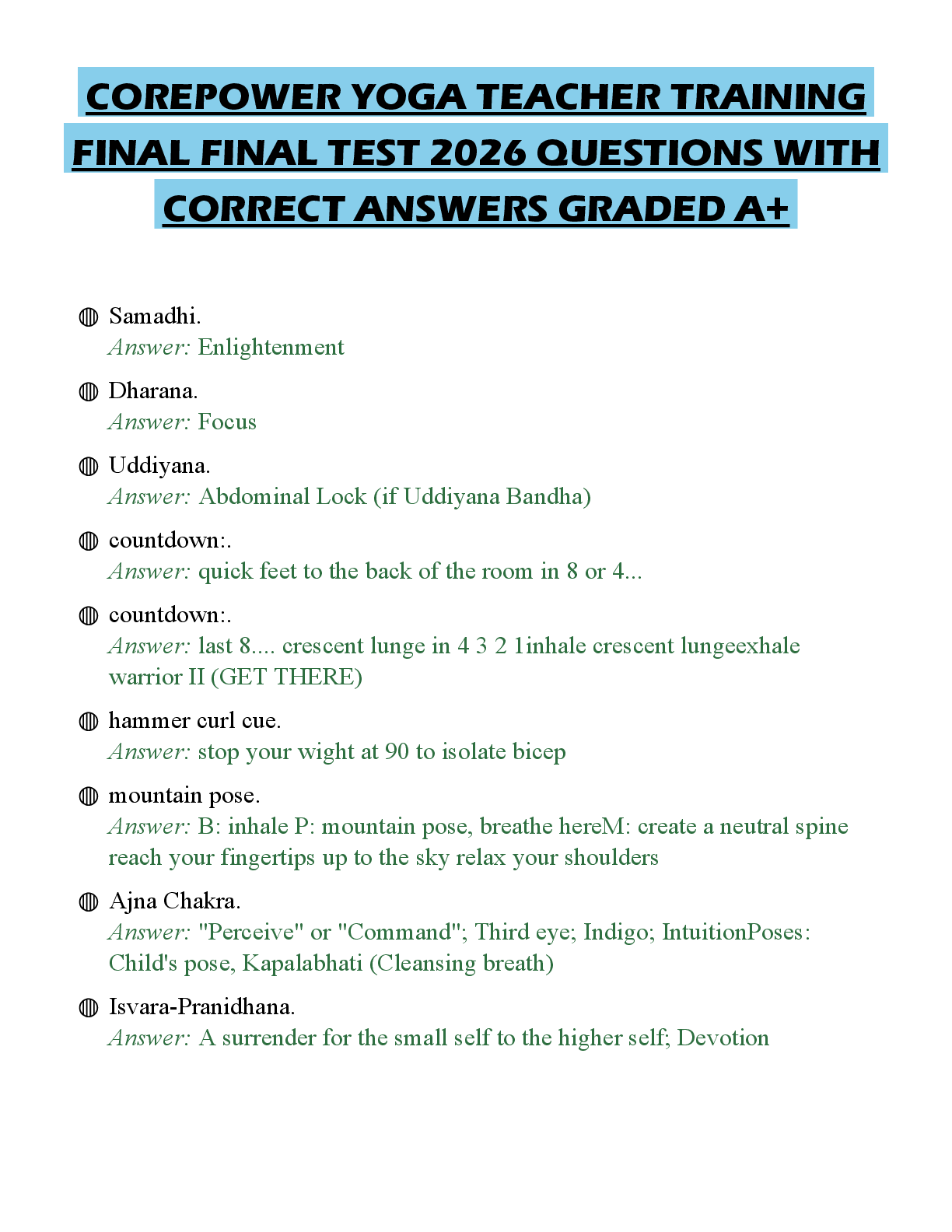 Recommended document preview for COREPOWER YOGA TEACHER TRAINING FINAL FINAL TEST 2026 QUESTIONS WITH CORRECT ANSWERS GRADED A+