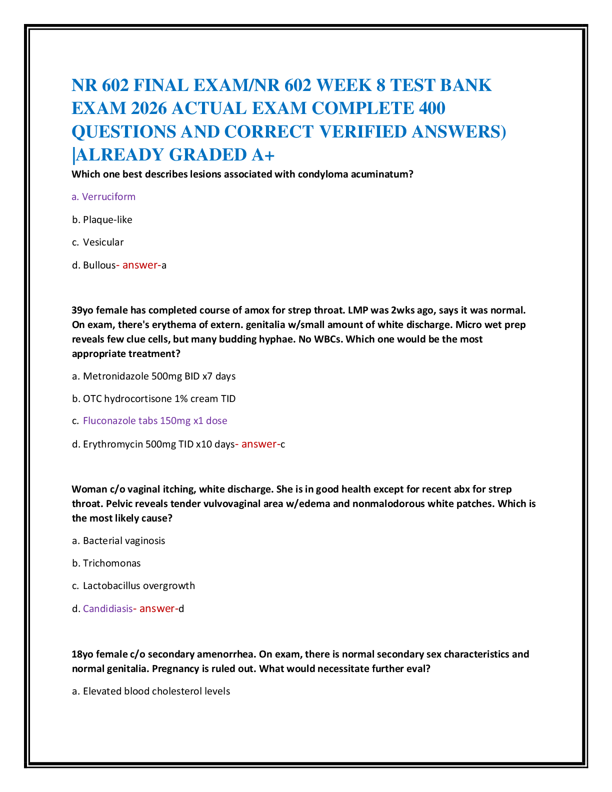 Recommended document preview for NR 602 FINAL EXAM/NR 602 WEEK 8 TEST BANK   EXAM 2026 ACTUAL EXAM COMPLETE 400   QUESTIONS AND CORRECT VERIFIED ANSWERS)  |ALREADY GRADED A+
