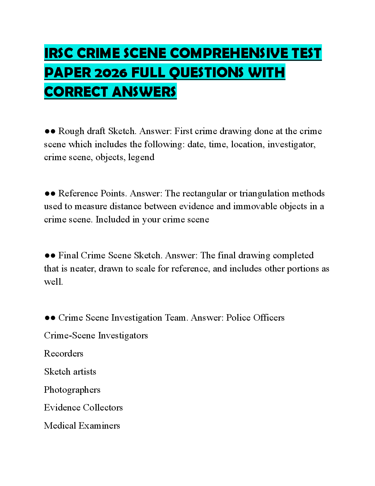 Recommended document preview for IRSC CRIME SCENE EXAMINATION TEST 2026 QUESTIONS AND SOLUTIONS FULLY VERIFIED